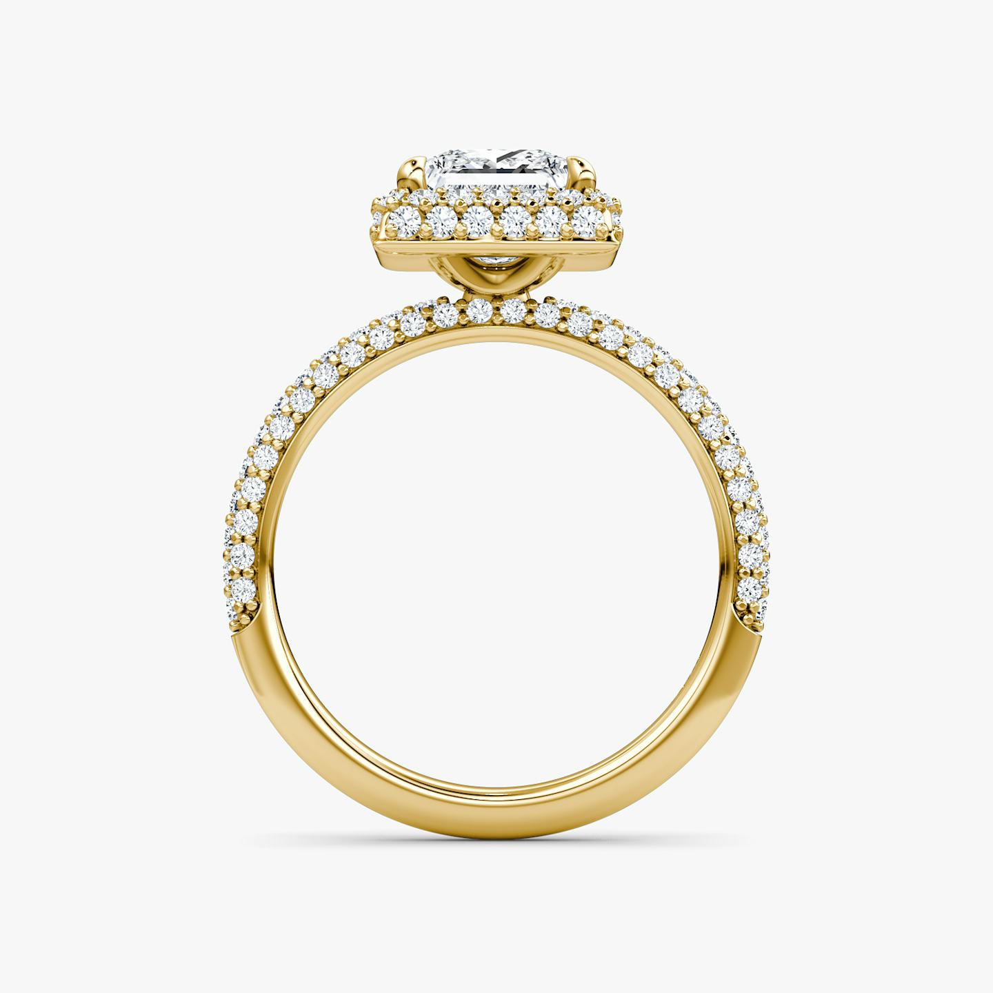 profile view of three-row dome halo engagement ring princess cut in pave yellow gold