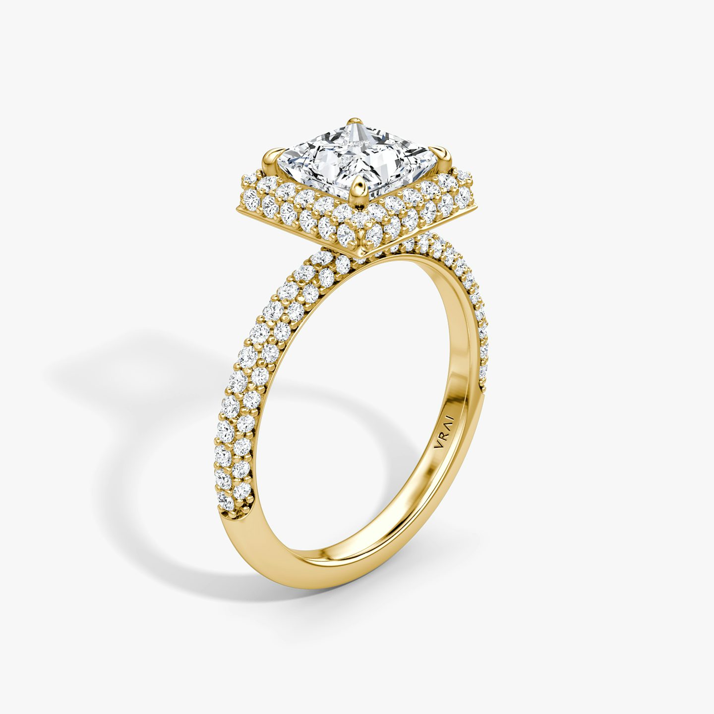 upright three-row dome halo engagement ring princess cut in pave yellow gold