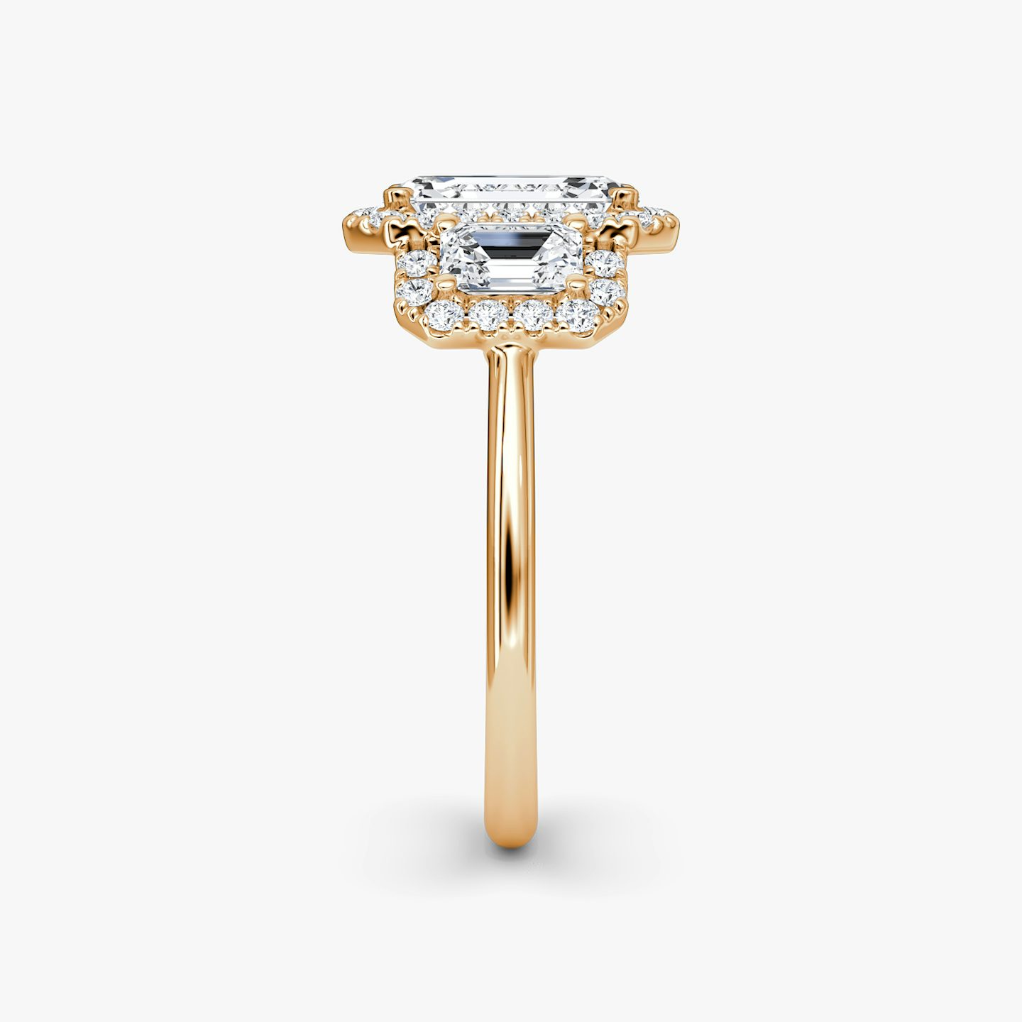 The Three Stone Halo | Emerald | 14k | 14k Rose Gold | Side stone carat: 1/4 | Diamond orientation: vertical | Carat weight: See full inventory