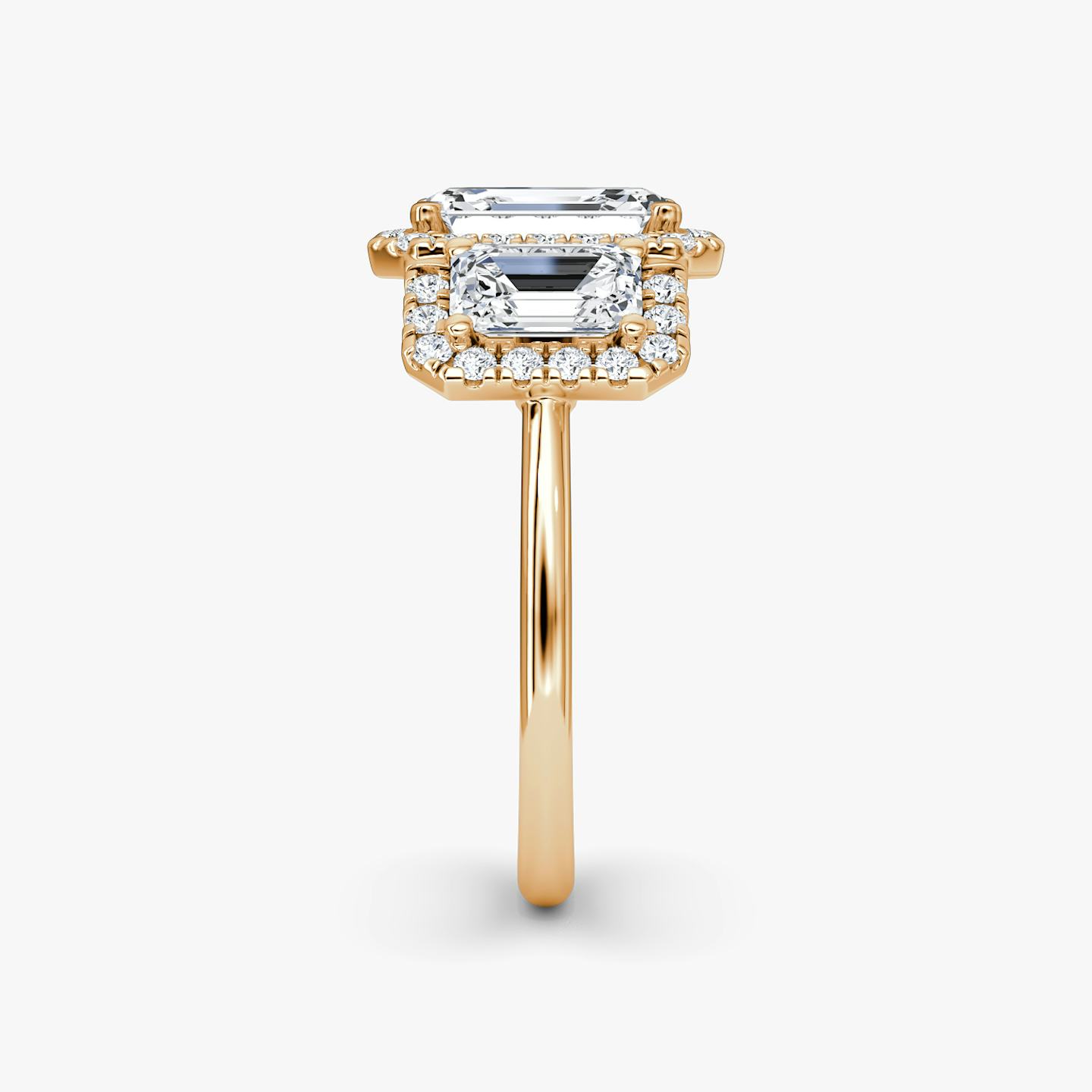 The Three Stone Halo | Emerald | 14k | 14k Rose Gold | Side stone carat: 1/2 | Diamond orientation: vertical | Carat weight: See full inventory