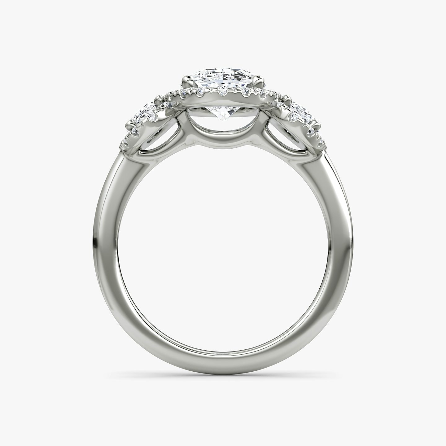 The Three Stone Halo | Oval | Platinum | Band: Plain | Side stone carat: 1/4 | Diamond orientation: vertical | Carat weight: See full inventory