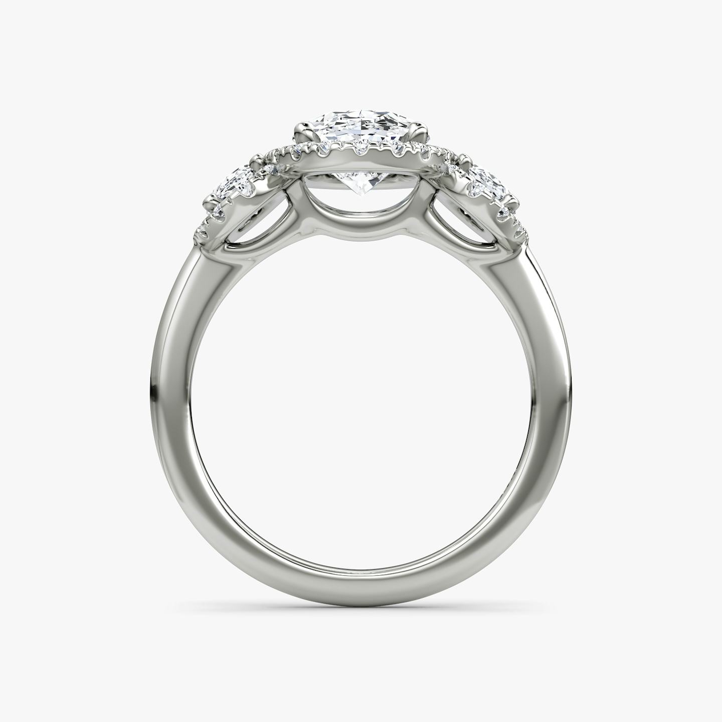 The Three Stone Halo | Oval | Platinum | Side stone carat: 1/4 | Diamond orientation: vertical | Carat weight: See full inventory