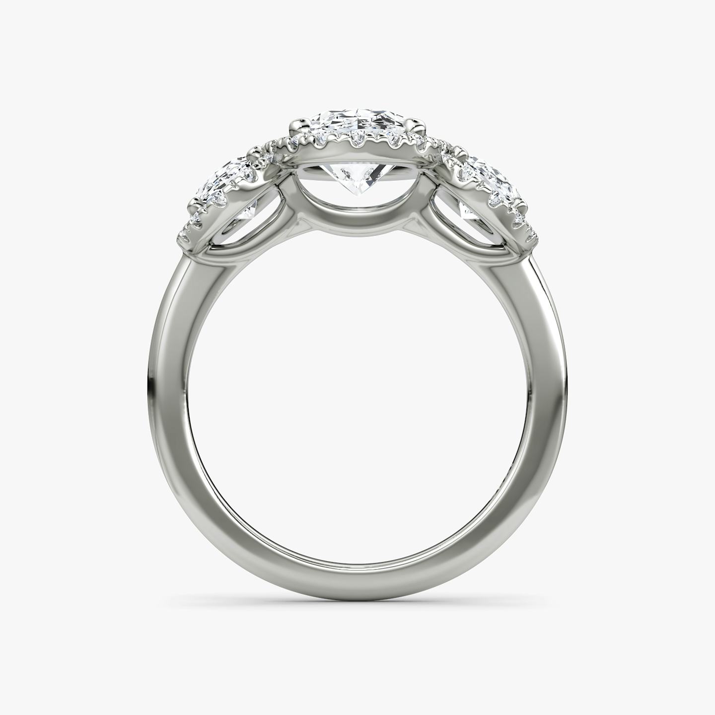 The Three Stone Halo | Oval | 18k | 18k White Gold | Side stone carat: 1/2 | Diamond orientation: vertical | Carat weight: See full inventory