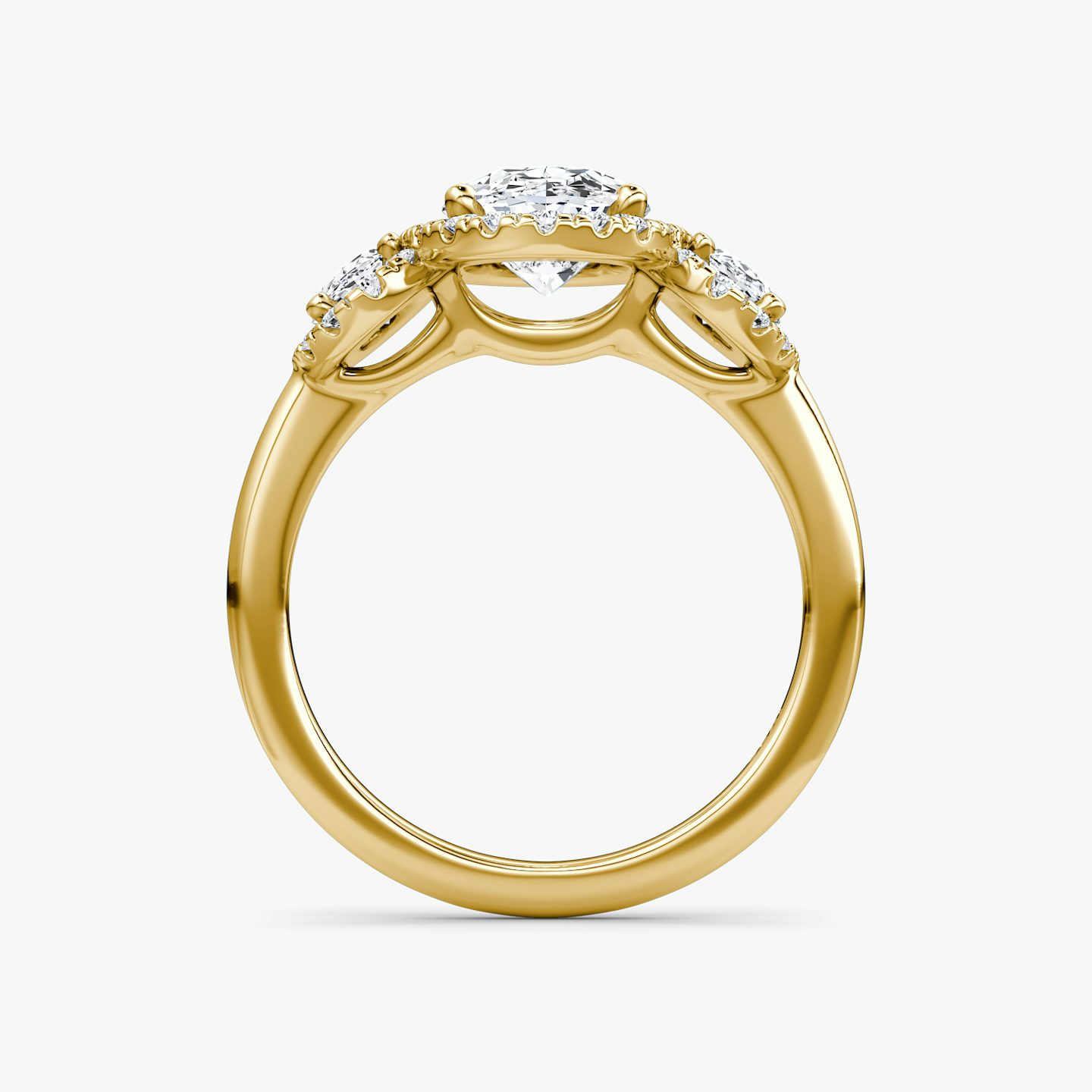 The Three Stone Halo | Oval | 18k | 18k Yellow Gold | Band: Plain | Side stone carat: 1/4 | Diamond orientation: vertical | Carat weight: See full inventory