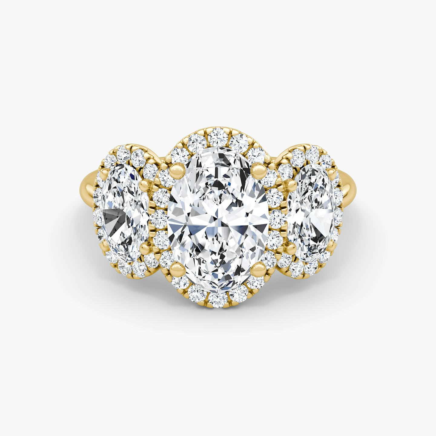 The Three Stone Halo | Oval | 18k | 18k Yellow Gold | Side stone carat: 1/2 | Diamond orientation: vertical | Carat weight: See full inventory