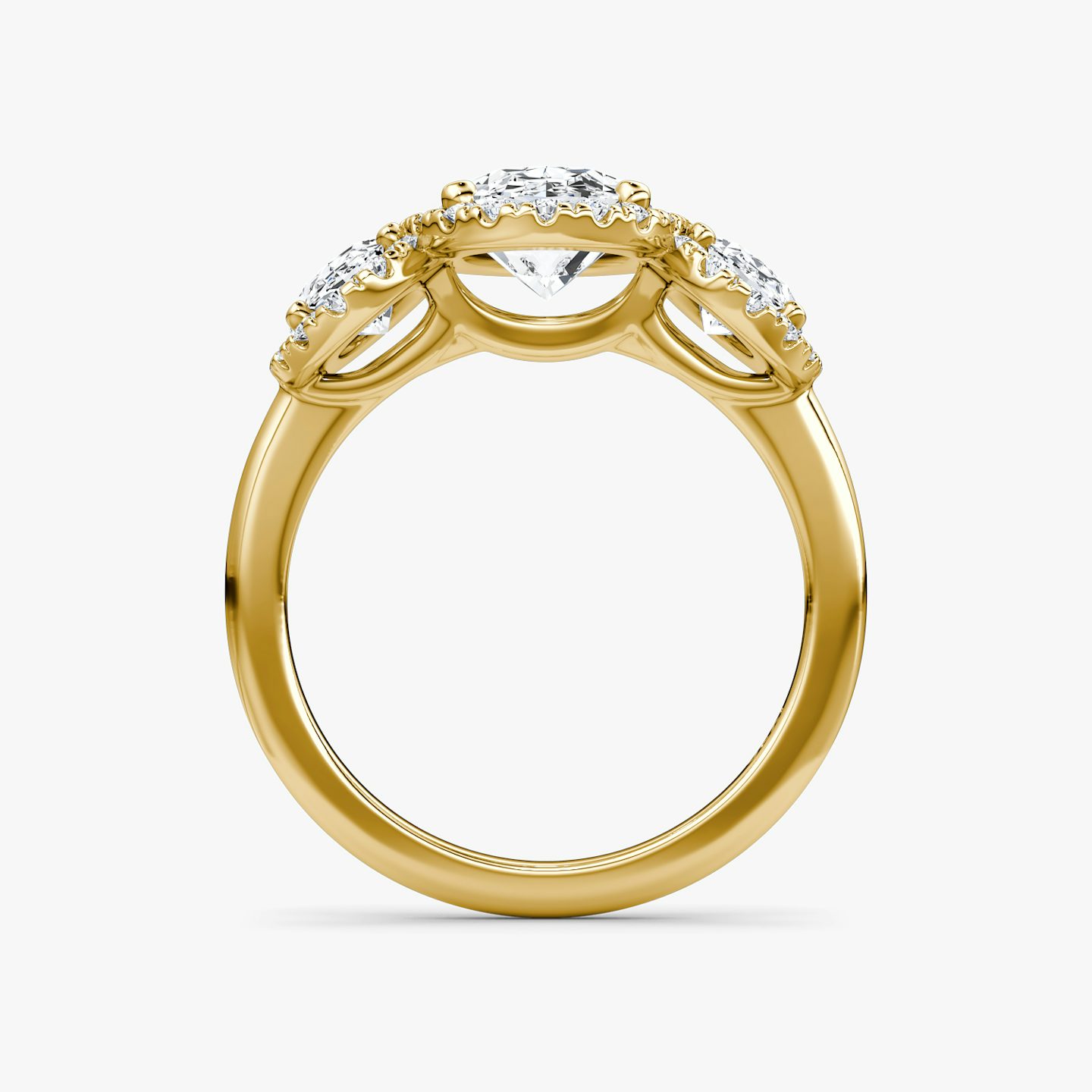 The Three Stone Halo | Oval | 18k | 18k Yellow Gold | Band: Plain | Side stone carat: 1/2 | Diamond orientation: vertical | Carat weight: See full inventory