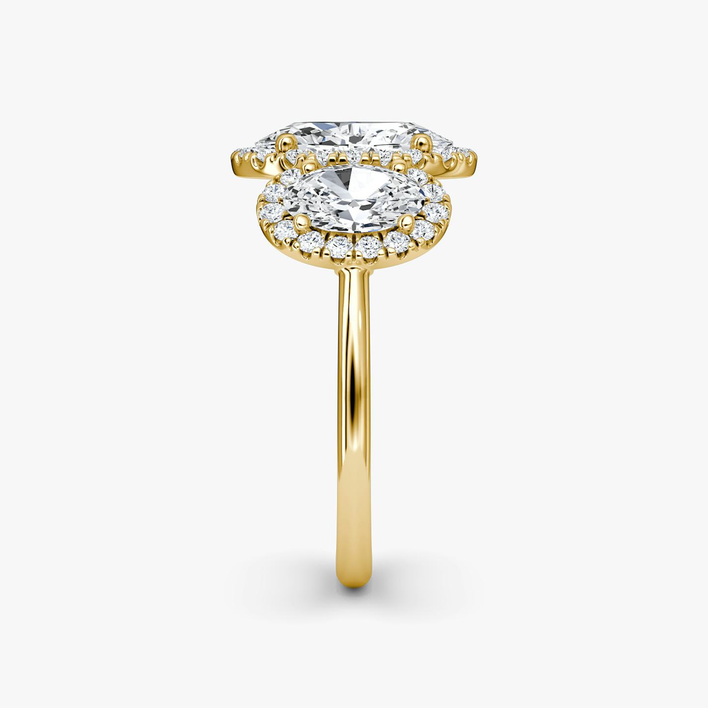 The Three Stone Halo | Oval | 18k | 18k Yellow Gold | Side stone carat: 1/2 | Diamond orientation: vertical | Carat weight: See full inventory