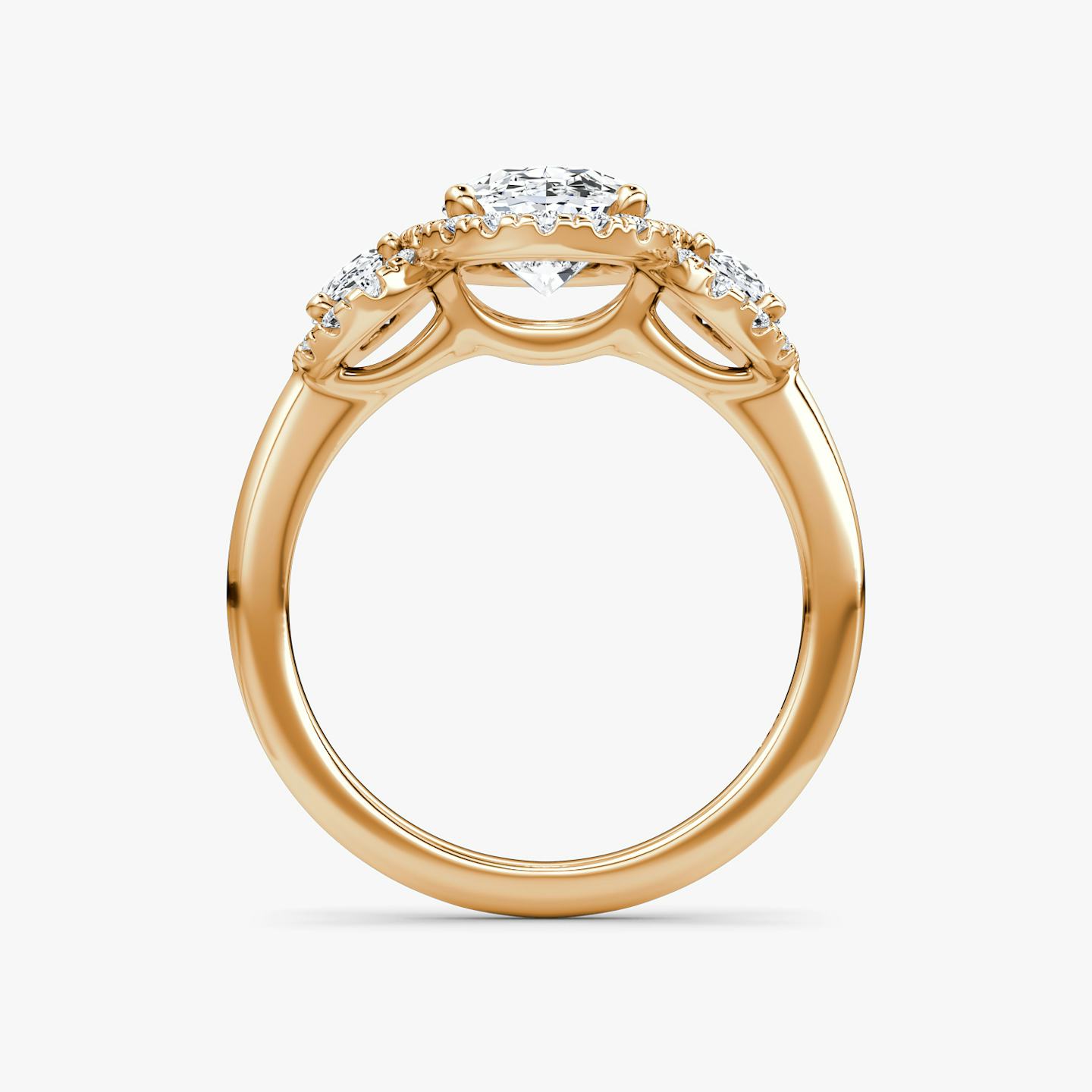 The Three Stone Halo | Oval | 14k | 14k Rose Gold | Side stone carat: 1/4 | Diamond orientation: vertical | Carat weight: See full inventory