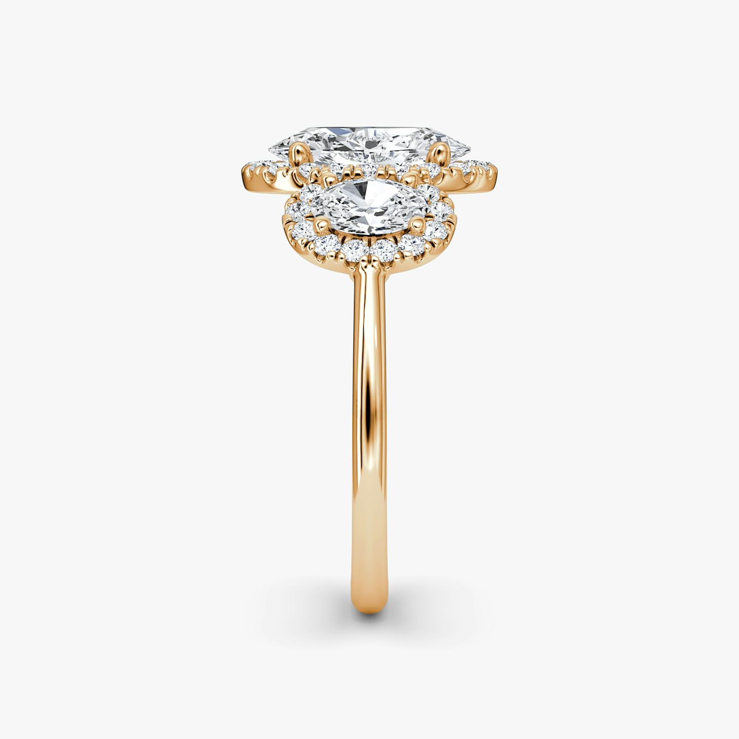 The Three Stone Halo | Oval | 14k | 14k Rose Gold | Side stone carat: 1/4 | Diamond orientation: vertical | Carat weight: See full inventory