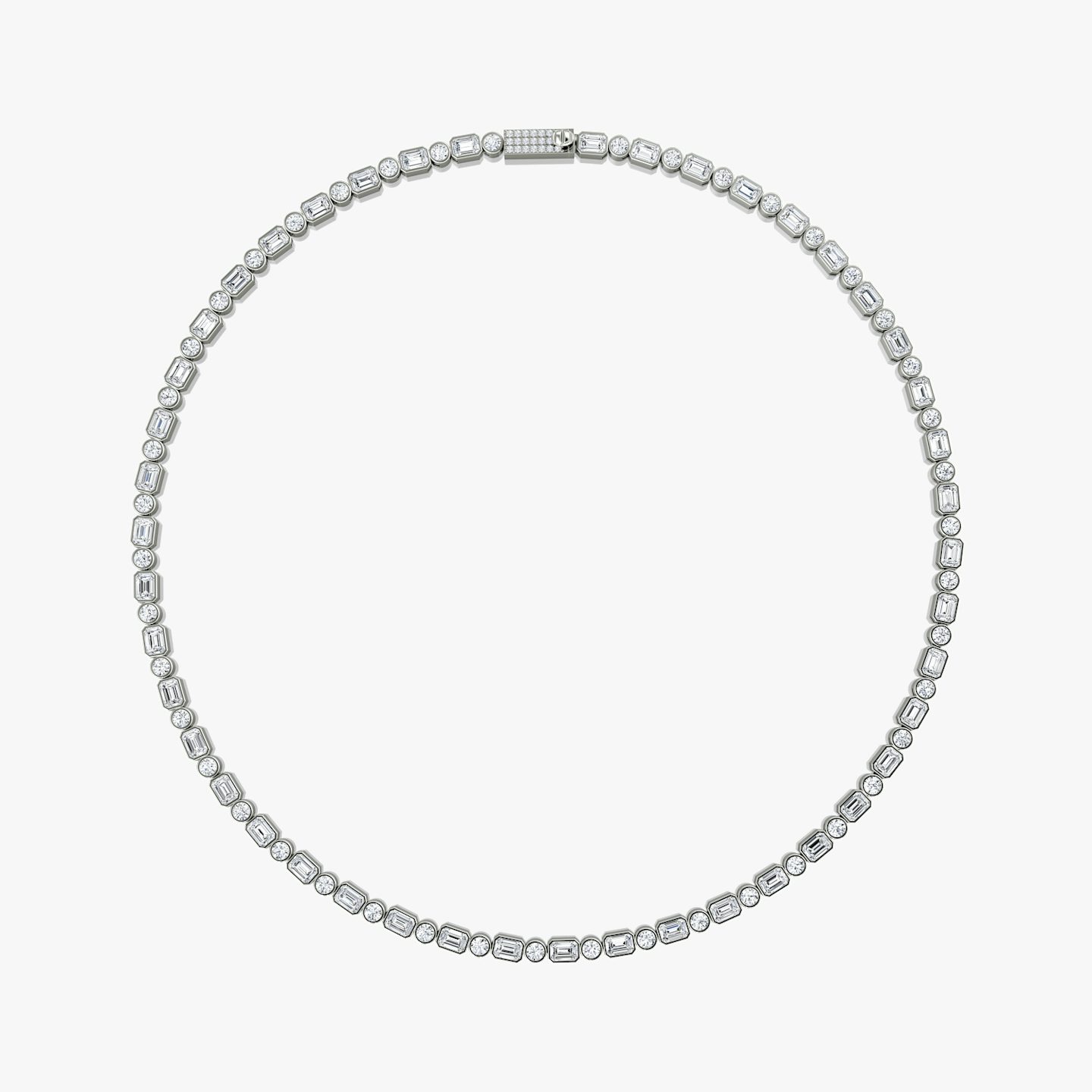 Mixed Bezel Tennis Halskette | Rund und Emerald | 14k | 18k Weißgold | Kettenlänge: 18