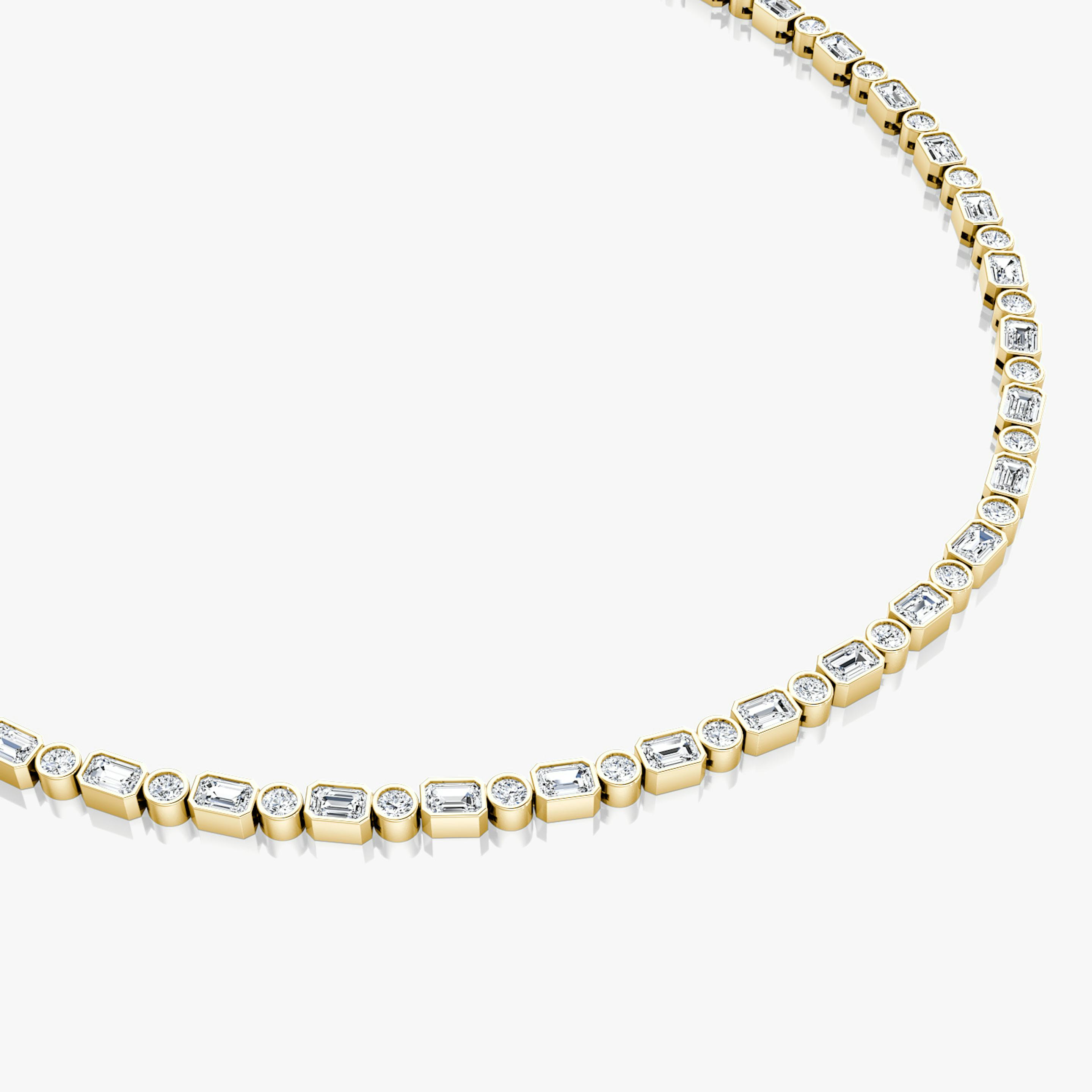 Mixed Bezel Tennis Necklace | Round Brilliant and Emerald | 14k | 18k Yellow Gold | Chain length: 18