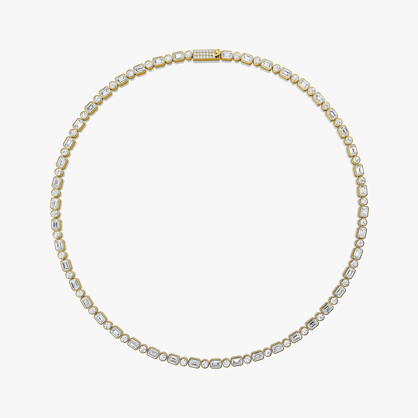Mixed Bezel Tennis Necklace | Round Brilliant and Emerald | 14k | 18k Yellow Gold | Chain length: 18