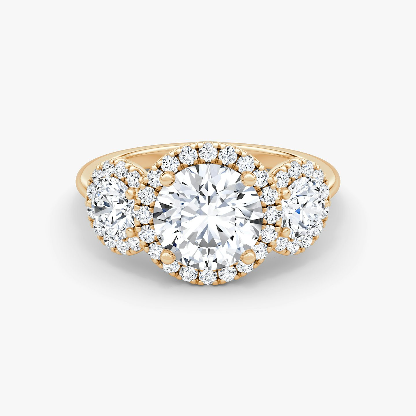 The Three Stone Halo | Round Brilliant | 14k | 14k Rose Gold | Band: Plain | Carat weight: See full inventory | Side stone carat: 1/4 | Diamond orientation: vertical