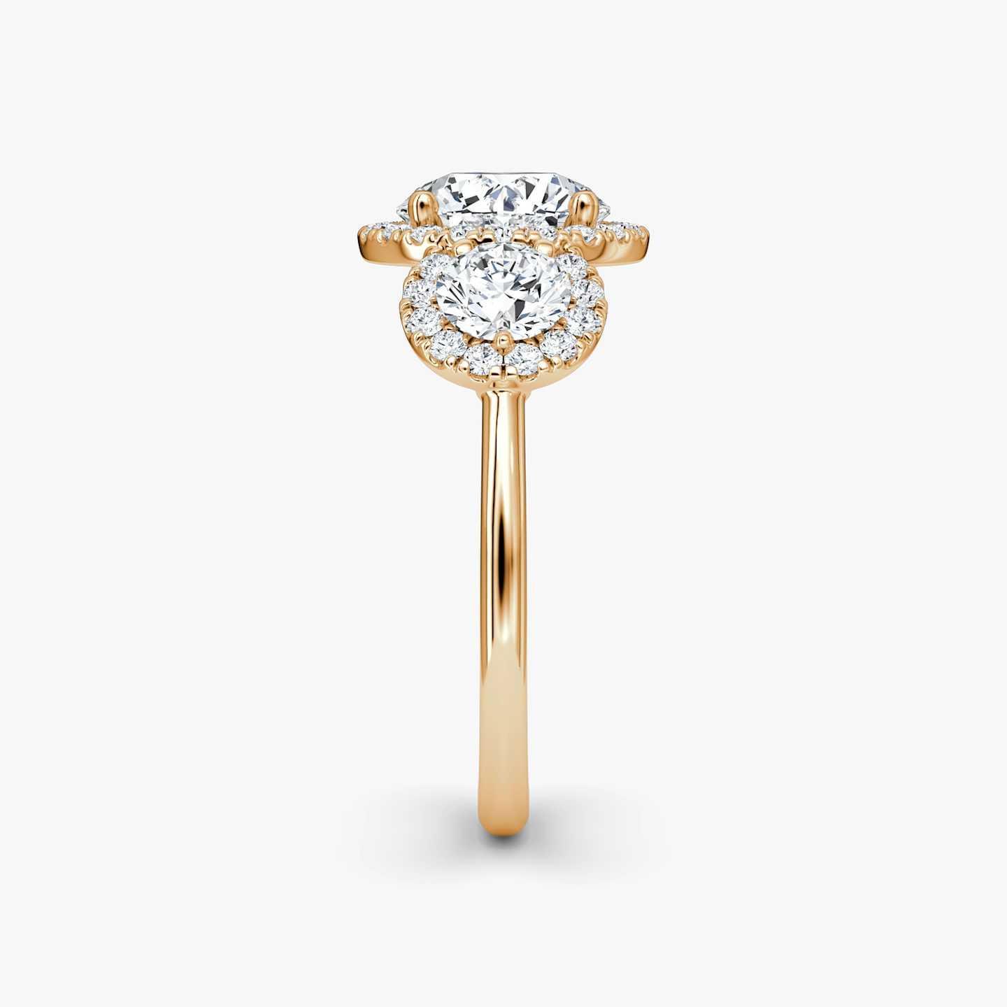 The Three Stone Halo | Round Brilliant | 14k | 14k Rose Gold | Band: Plain | Carat weight: See full inventory | Side stone carat: 1/4 | Diamond orientation: vertical