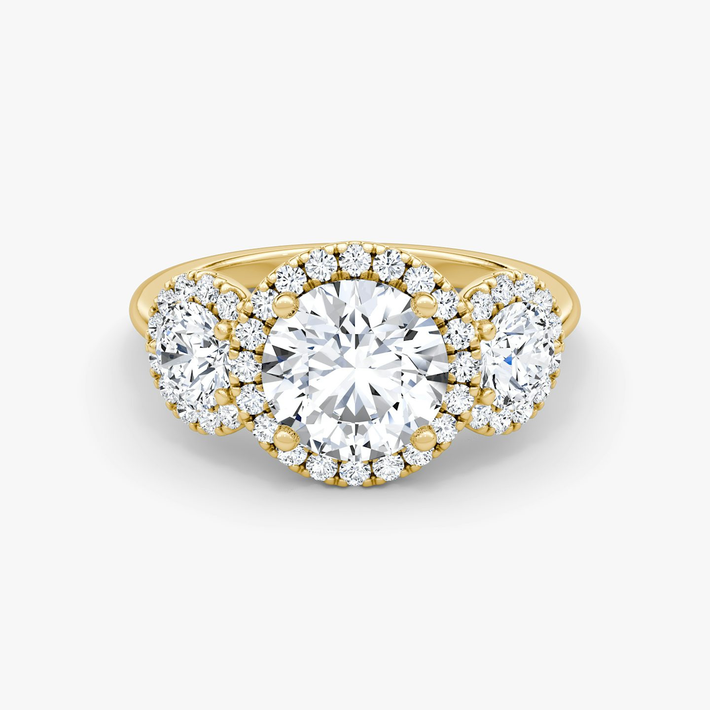 The Three Stone Halo | Round Brilliant | 18k | 18k Yellow Gold | Band: Plain | Carat weight: See full inventory | Side stone carat: 1/4 | Diamond orientation: vertical