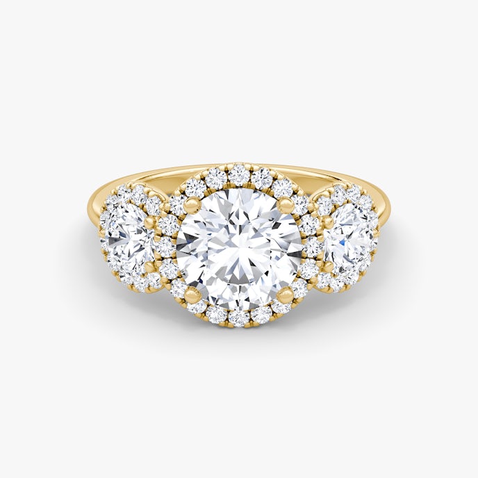 The Three Stone HaloRound Brilliant | Yellow Gold