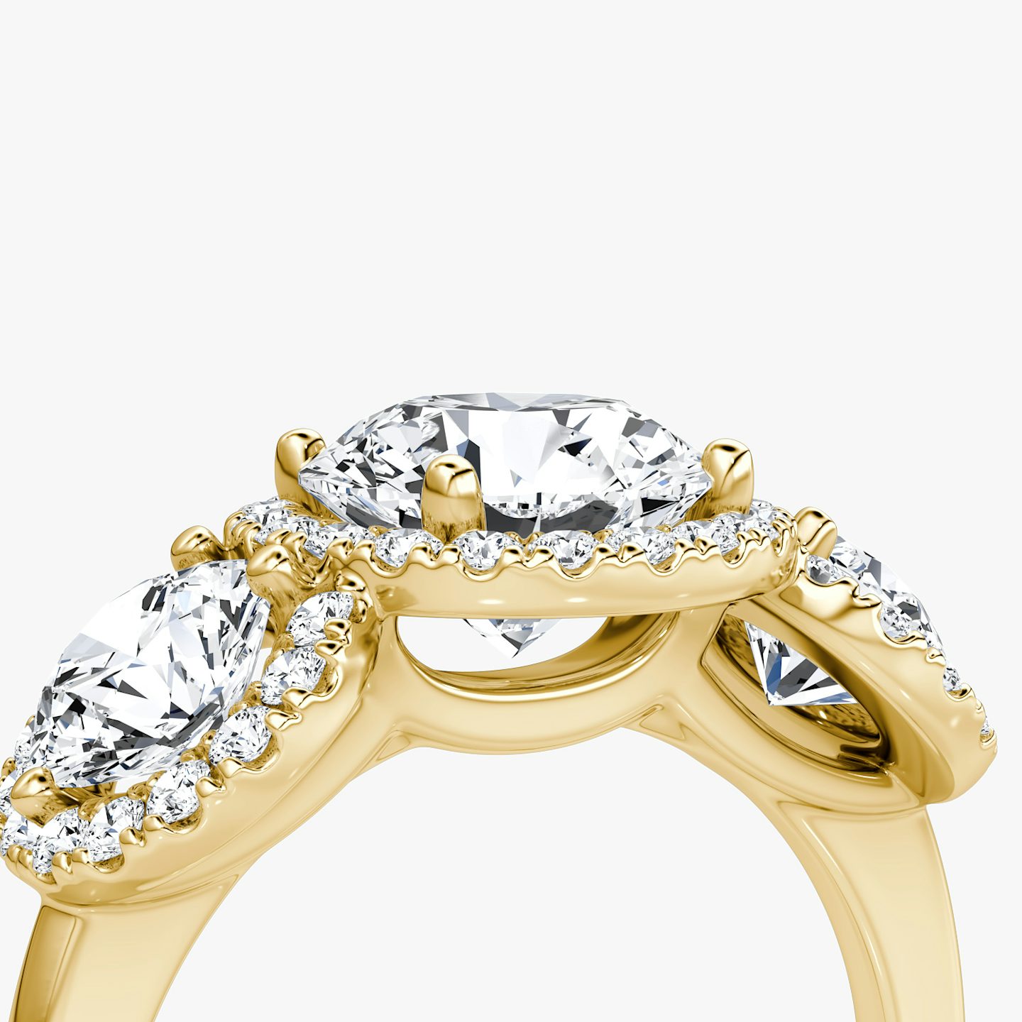 The Three Stone Halo | Round Brilliant | 18k | 18k Yellow Gold | Carat weight: See full inventory | Side stone carat: 1/2 | Diamond orientation: vertical