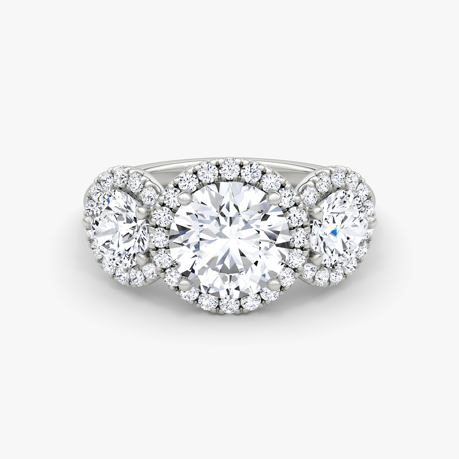 Three Stone Halo Round Brilliant Engagement Ring | 18k White Gold