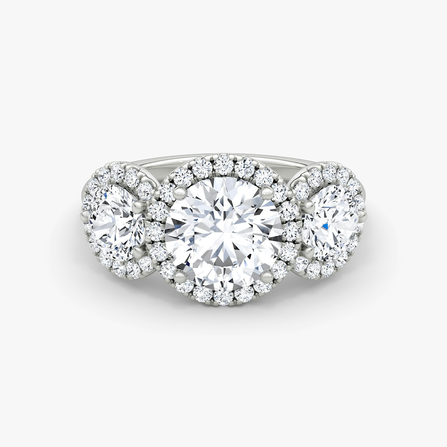 Three Stone Halo Round Brilliant Engagement Ring | 18k White Gold