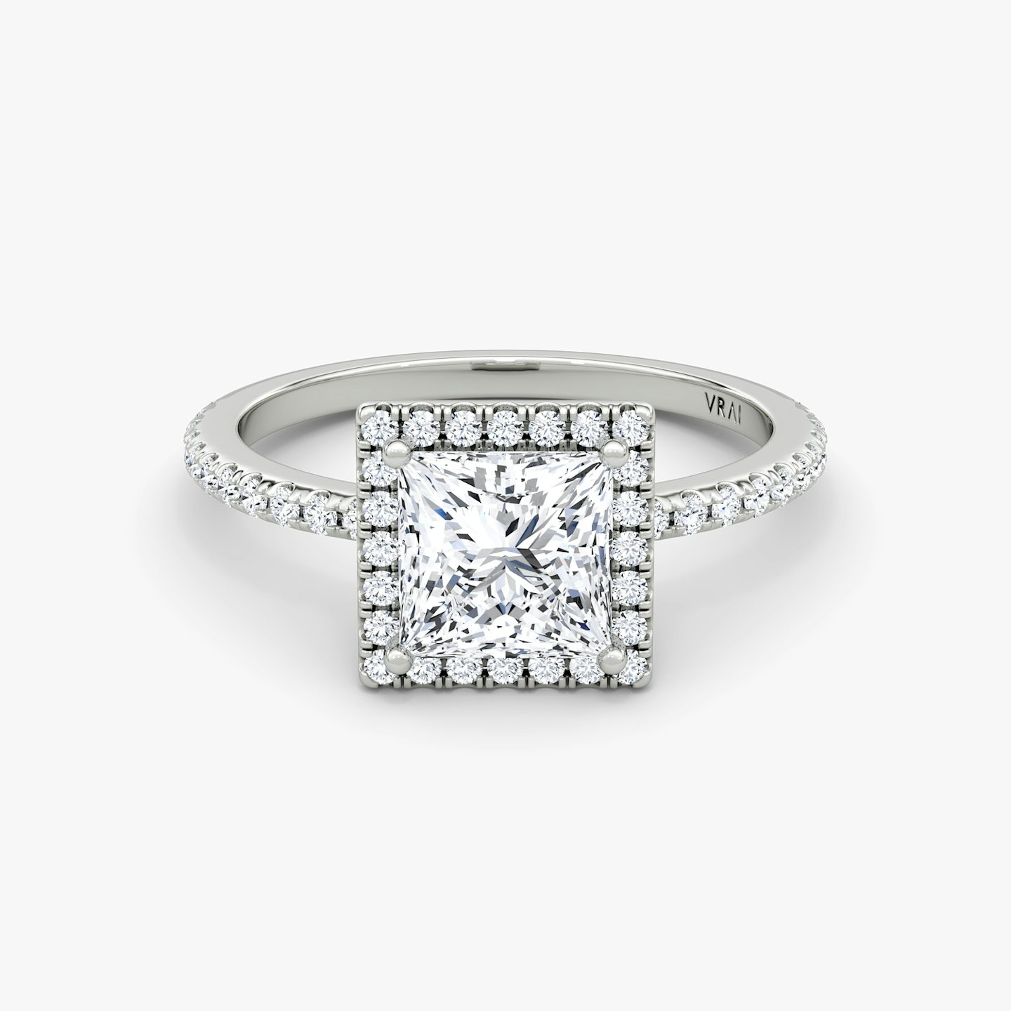 The Halo | Princess | 18k | 18k White Gold | Halo: Original | Band: Pavé | Diamond orientation: vertical | Carat weight: See full inventory