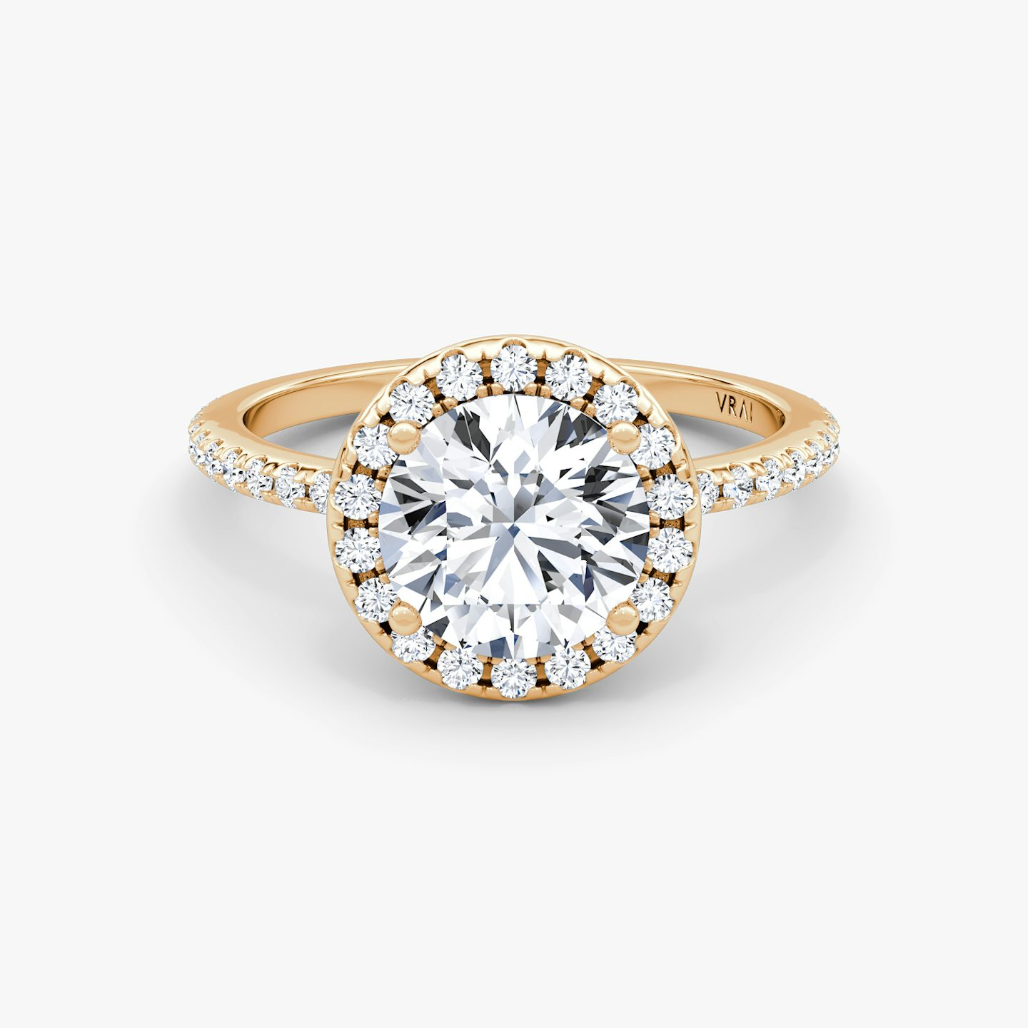 The Halo | Round Brilliant | 14k | 14k Rose Gold | Halo: Original | Band: Pavé | Carat weight: See full inventory | Diamond orientation: vertical