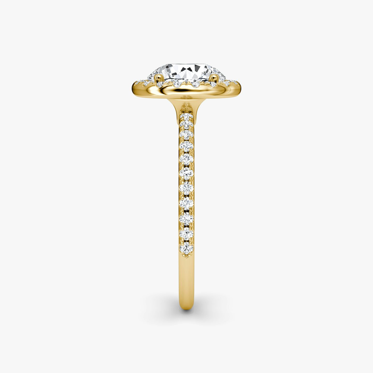 The Halo | Round Brilliant | 18k | 18k Yellow Gold | Halo: Original | Band: Pavé | Carat weight: See full inventory | Diamond orientation: vertical