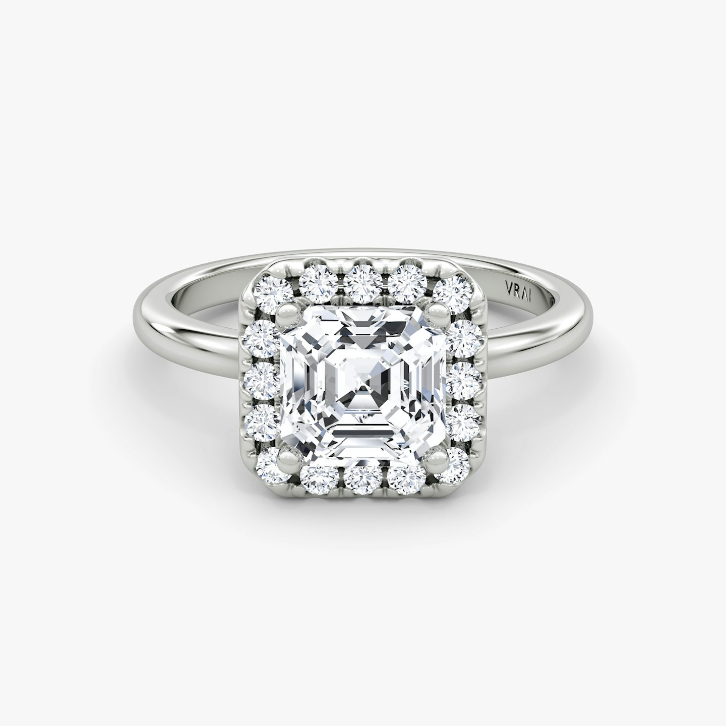 The Halo | Asscher | 18k | 18k White Gold | Halo: Large | Band: Plain | Diamond orientation: vertical | Carat weight: See full inventory