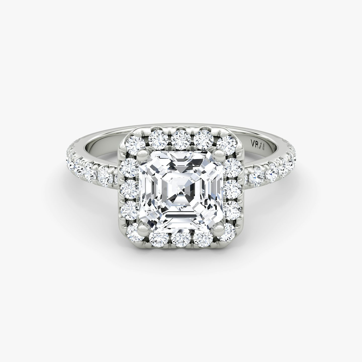 The Halo | Asscher | 18k | 18k White Gold | Halo: Large | Band: Pavé | Diamond orientation: vertical | Carat weight: See full inventory