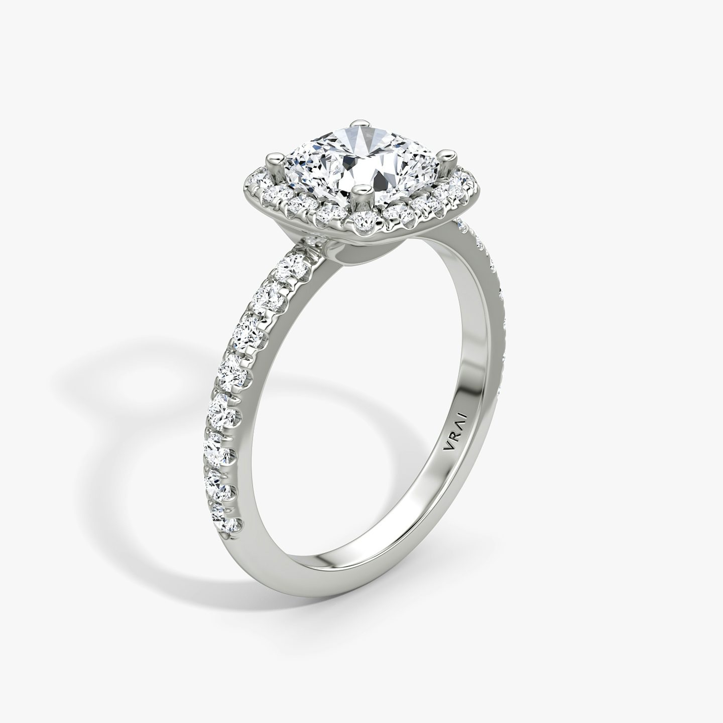 The Halo | Pavé Cushion | 18k | 18k White Gold | Halo: Large | Band: Pavé | Diamond orientation: vertical | Carat weight: See full inventory