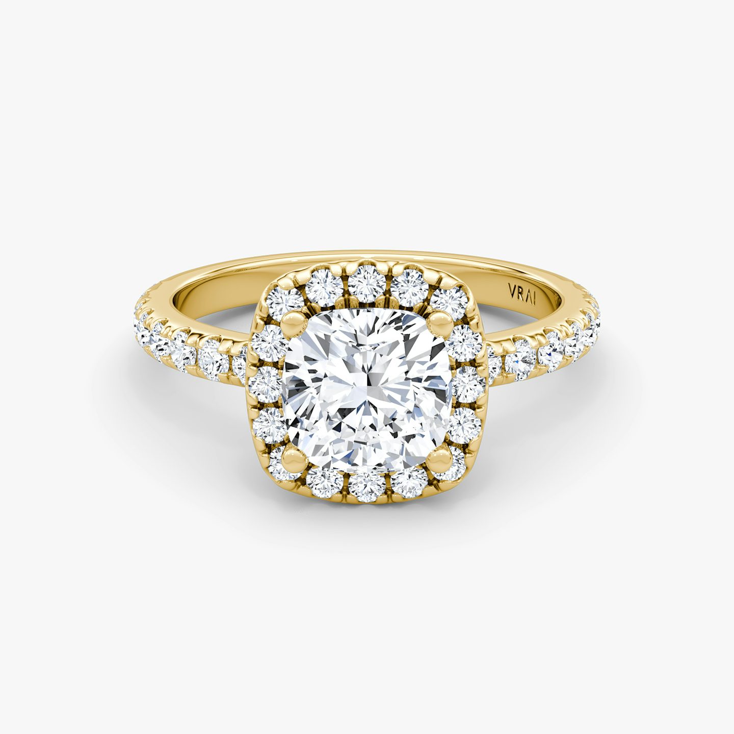 The Halo | Pavé Cushion | 18k | 18k Yellow Gold | Halo: Large | Band: Pavé | Diamond orientation: vertical | Carat weight: See full inventory