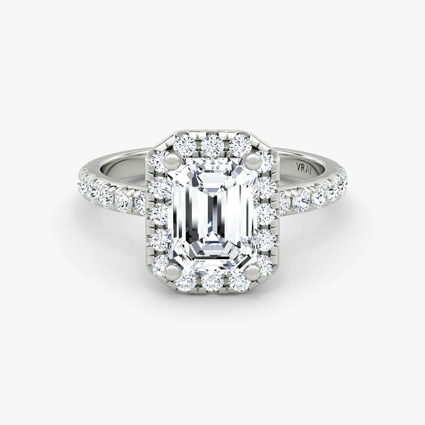 The Halo | Emerald | Platinum | Halo: Large | Band: Pavé | Diamond orientation: vertical | Carat weight: See full inventory