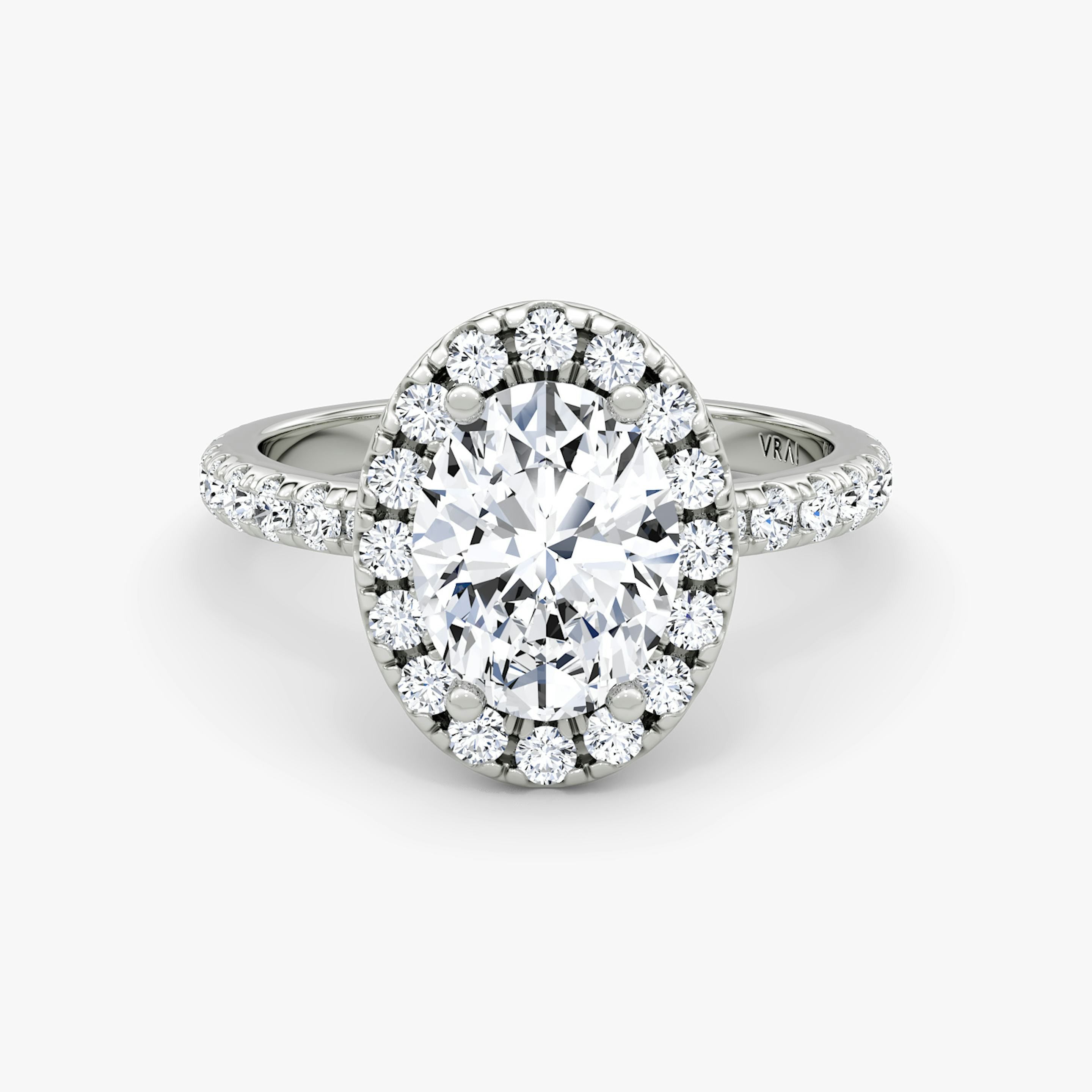 The Halo | Oval | Platinum | Halo: Large | Band: Pavé | Diamond orientation: vertical | Carat weight: See full inventory