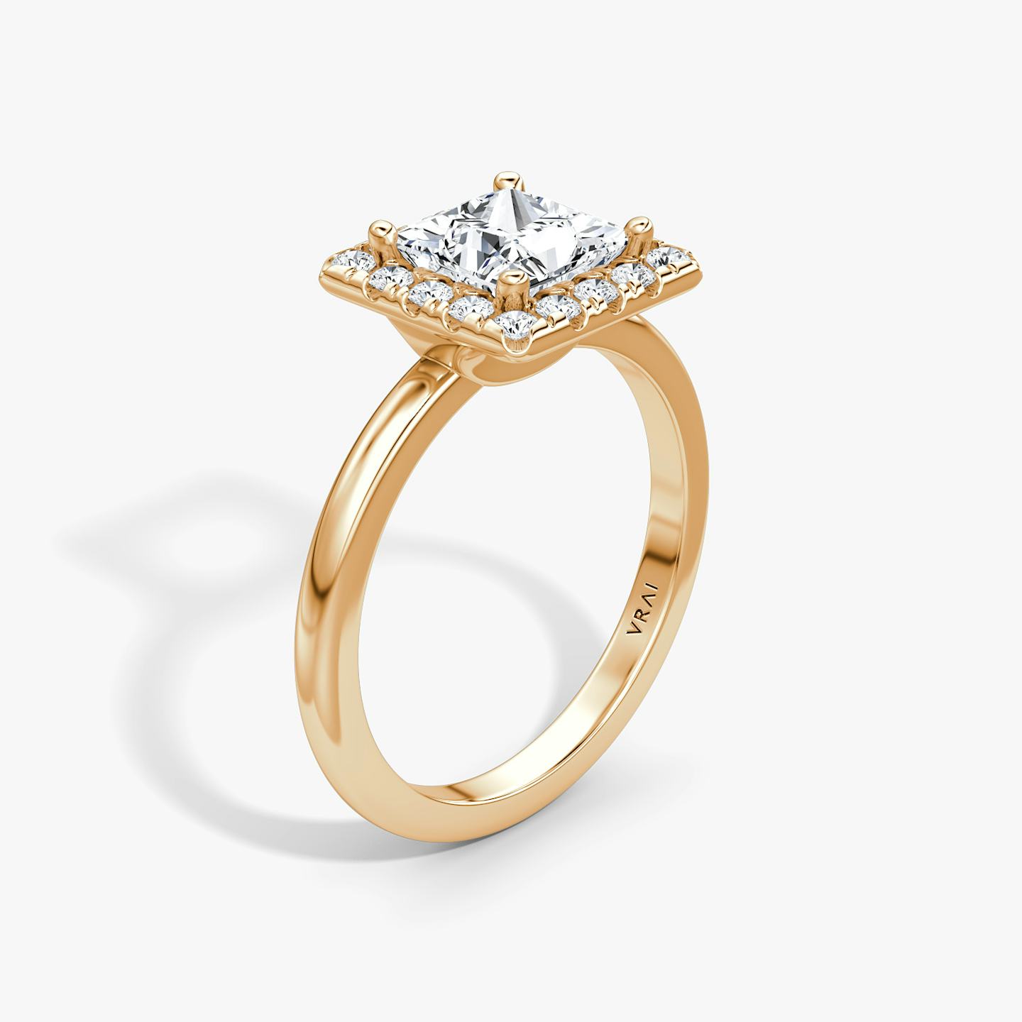 The Halo | Princess | 14k | 14k Rose Gold | Halo: Large | Band: Plain | Diamond orientation: vertical | Carat weight: See full inventory