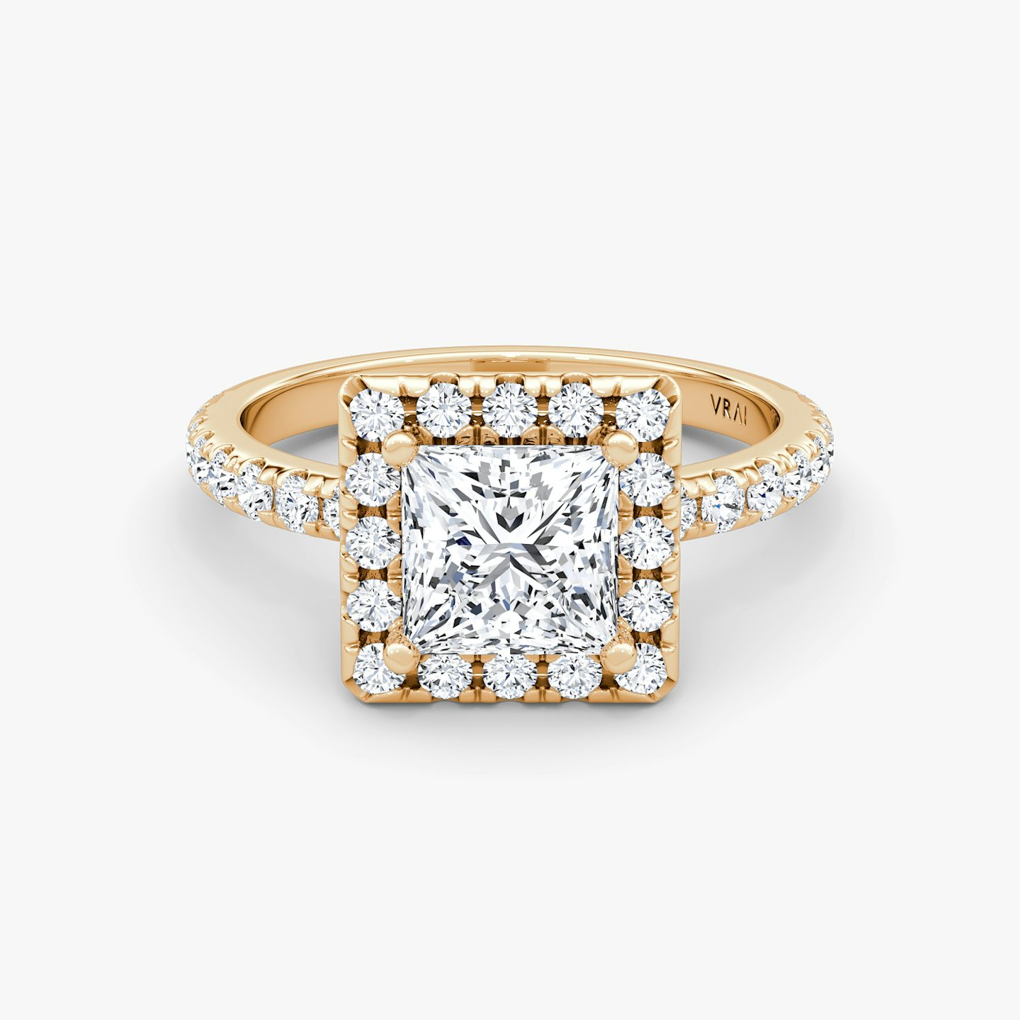 The Halo | Princess | 14k | 14k Rose Gold | Halo: Large | Band: Pavé | Diamond orientation: vertical | Carat weight: See full inventory