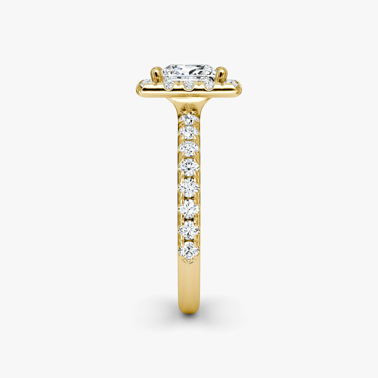 The Halo | Princess | 18k | 18k Yellow Gold | Halo: Large | Band: Pavé | Diamond orientation: vertical | Carat weight: See full inventory