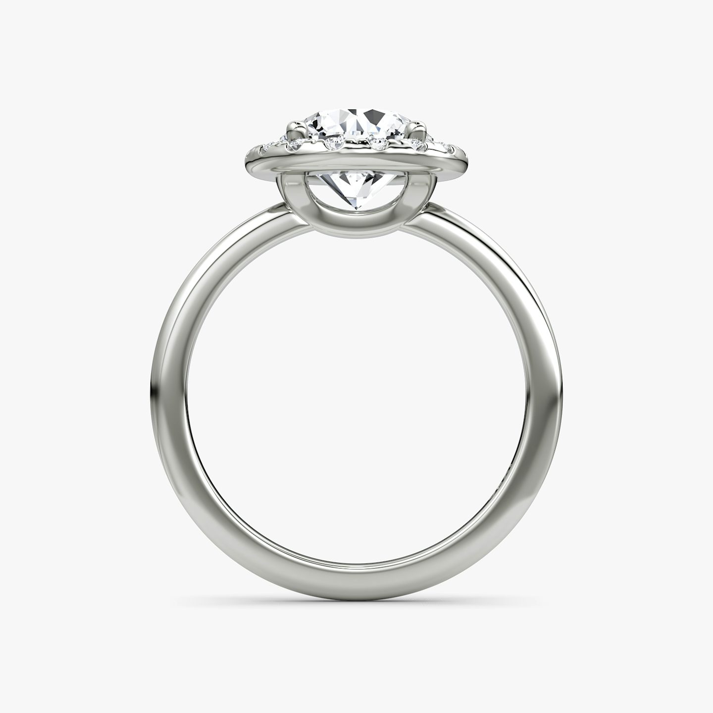 The Halo | Round Brilliant | Platinum | Halo: Large | Band: Plain | Carat weight: See full inventory | Diamond orientation: vertical