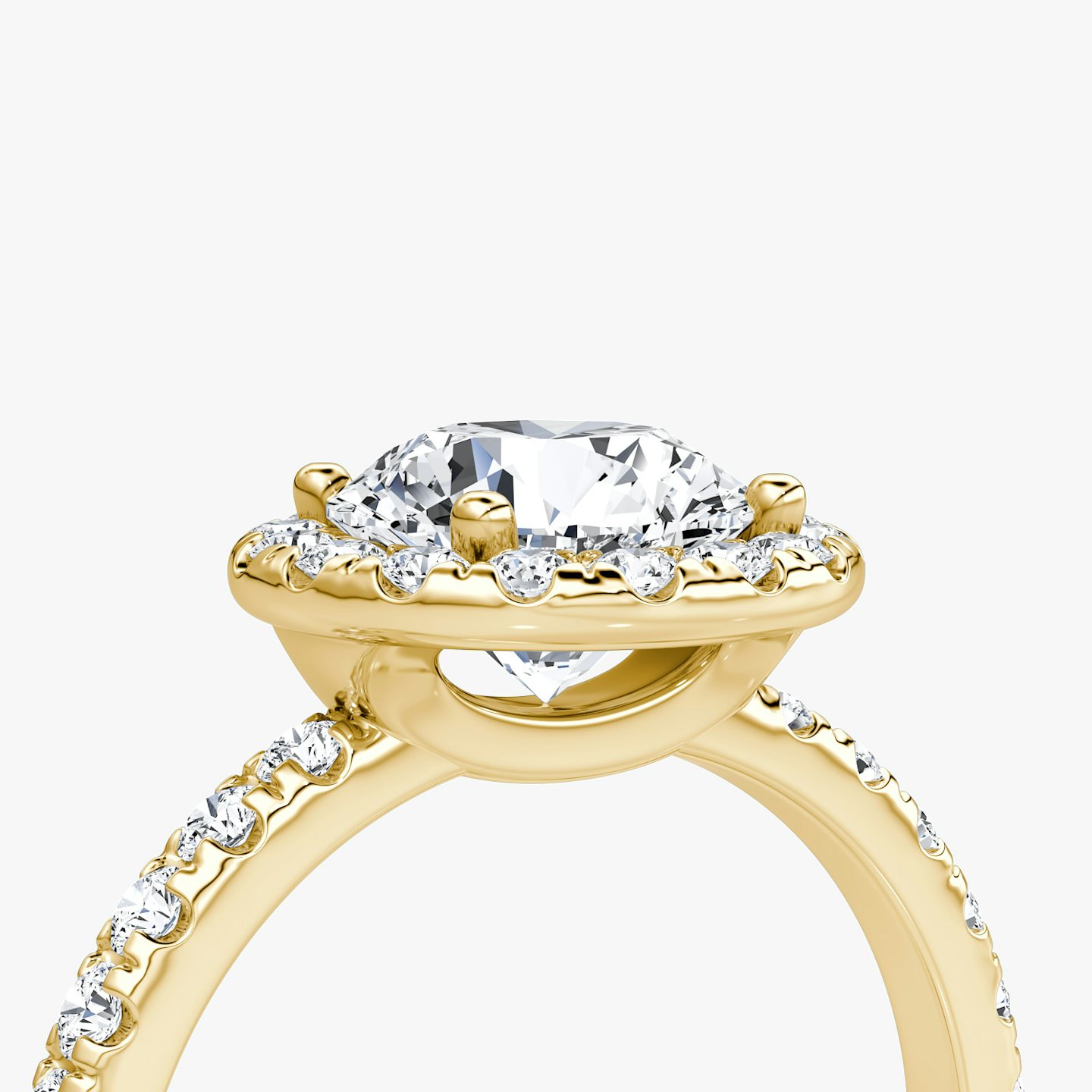 The Halo | Round Brilliant | 18k | 18k Yellow Gold | Halo: Large | Band: Pavé | Carat weight: See full inventory | Diamond orientation: vertical