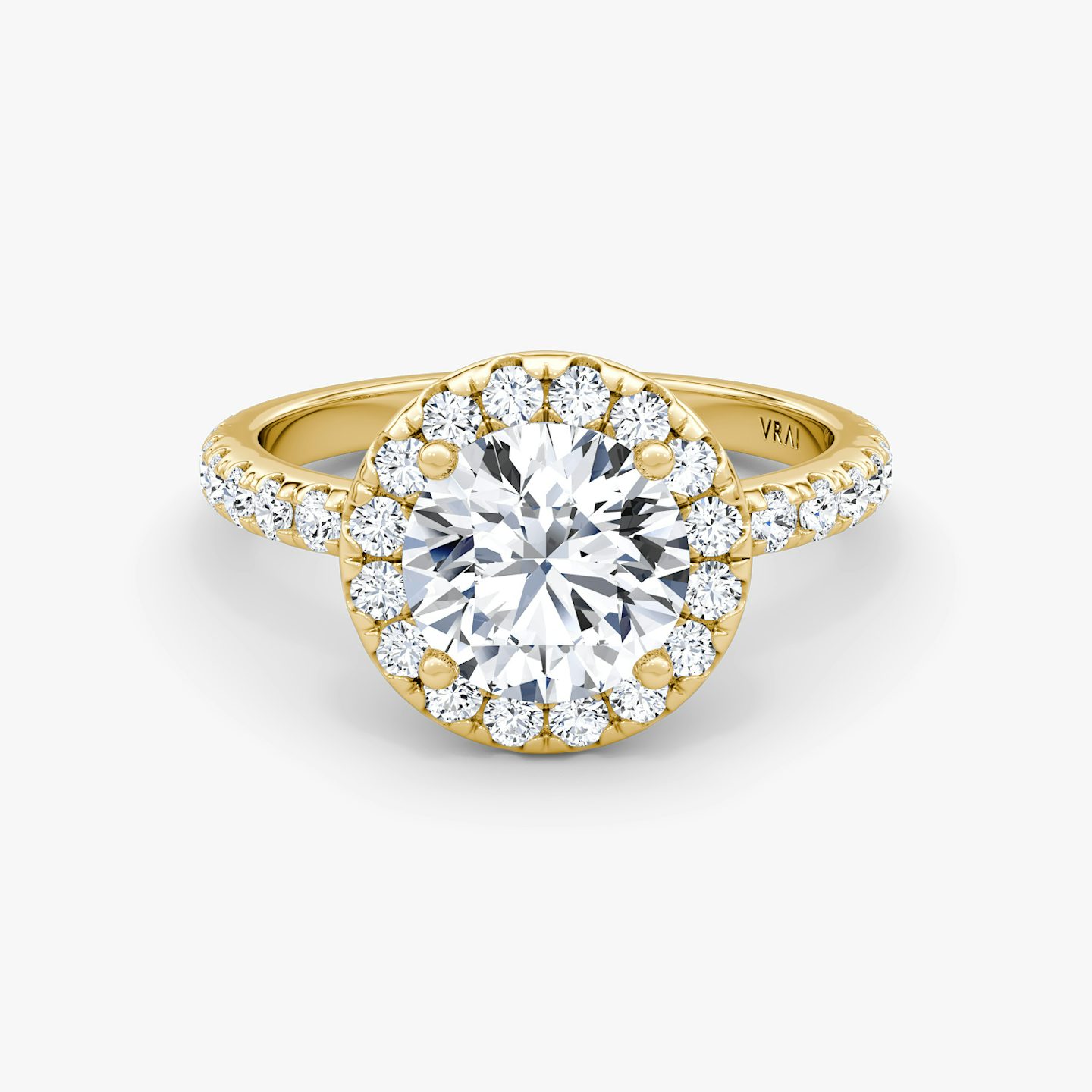 The Halo | Round Brilliant | 18k | 18k Yellow Gold | Halo: Large | Band: Pavé | Carat weight: 1½ | Diamond orientation: vertical