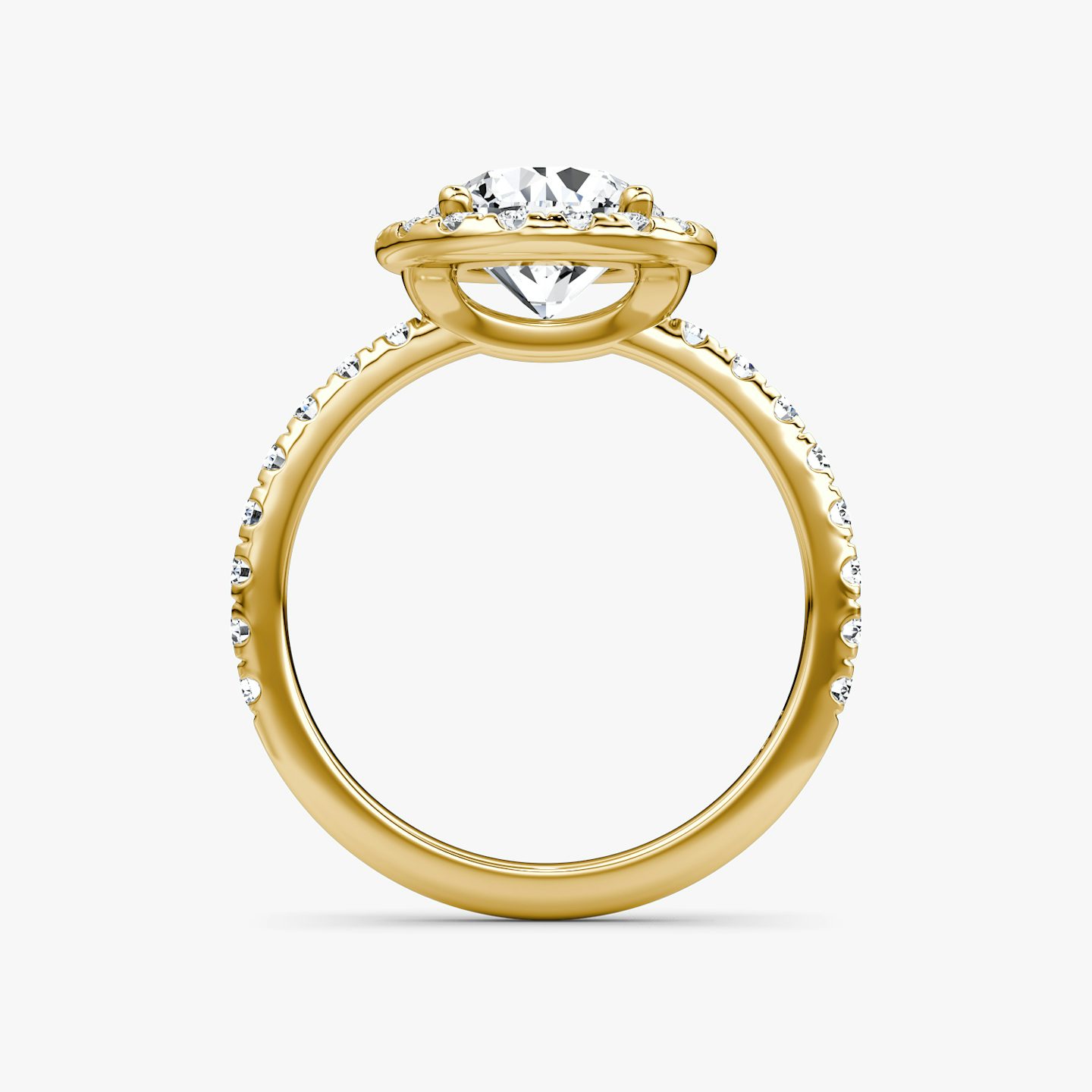 The Halo | Round Brilliant | 18k | 18k Yellow Gold | Halo: Large | Band: Pavé | Carat weight: 2 | Diamond orientation: vertical