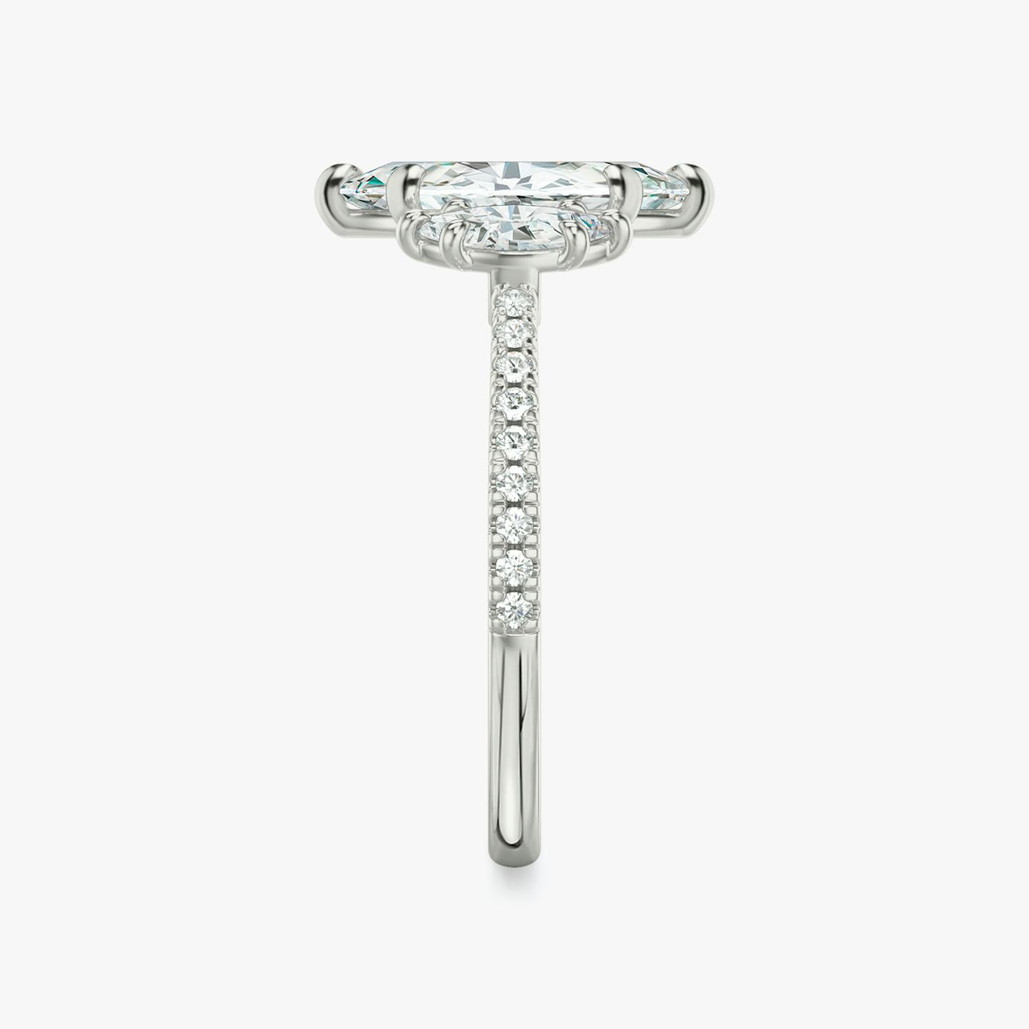 The Three Stone | Pavé Marquise | Platinum | Band: Pavé | Side stone carat: 1/4 | Side stone shape: Pavé Marquise | Diamond orientation: vertical | Carat weight: See full inventory