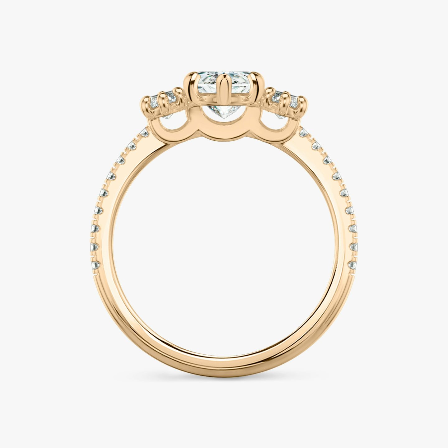 The Three Stone | Pavé Marquise | 14k | 14k Rose Gold | Band: Pavé | Side stone carat: 1/4 | Side stone shape: Pavé Marquise | Diamond orientation: vertical | Carat weight: See full inventory