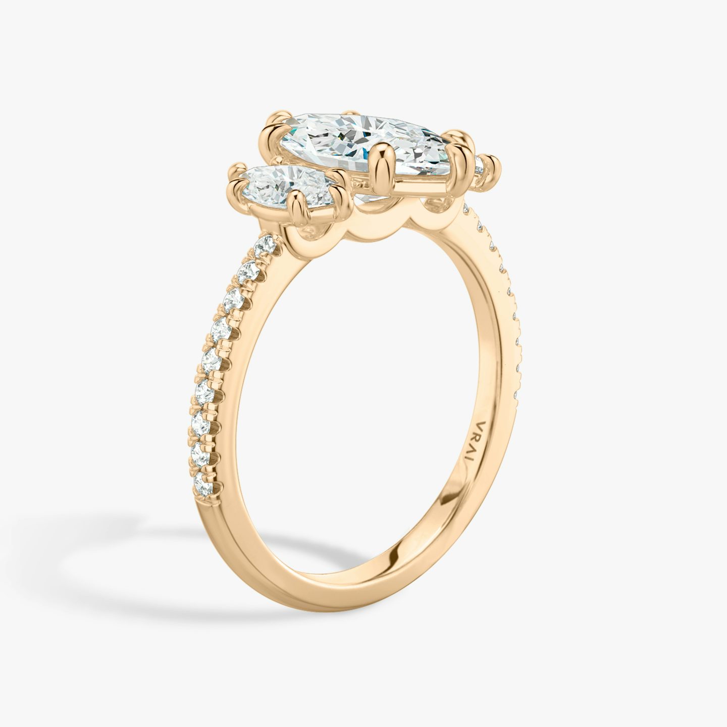 The Three Stone | Pavé Marquise | 14k | 14k Rose Gold | Band: Pavé | Side stone carat: 1/4 | Side stone shape: Pavé Marquise | Diamond orientation: vertical | Carat weight: See full inventory