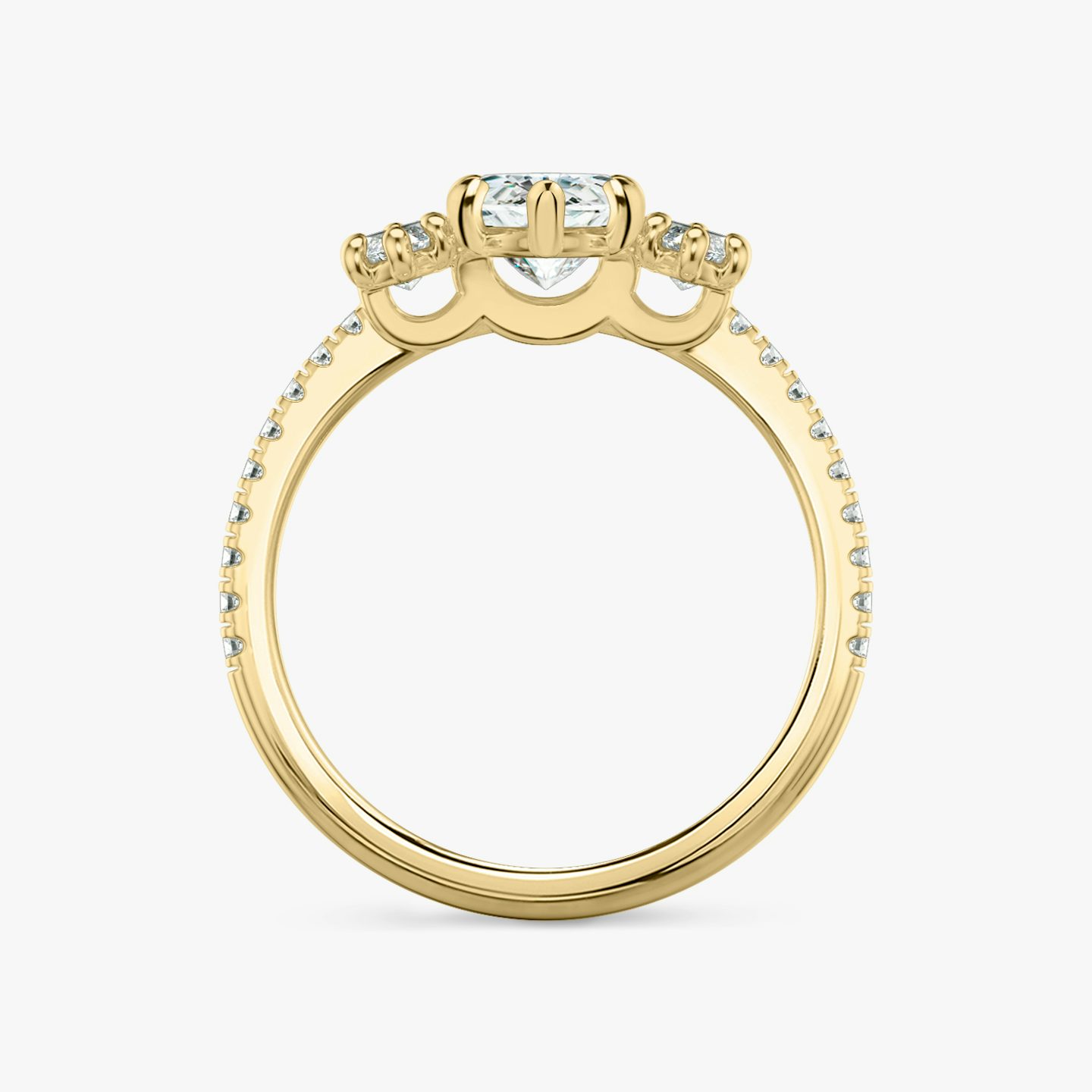 The Three Stone | Pavé Marquise | 18k | 18k Yellow Gold | Band: Pavé | Side stone carat: 1/4 | Side stone shape: Pavé Marquise | Diamond orientation: vertical | Carat weight: See full inventory