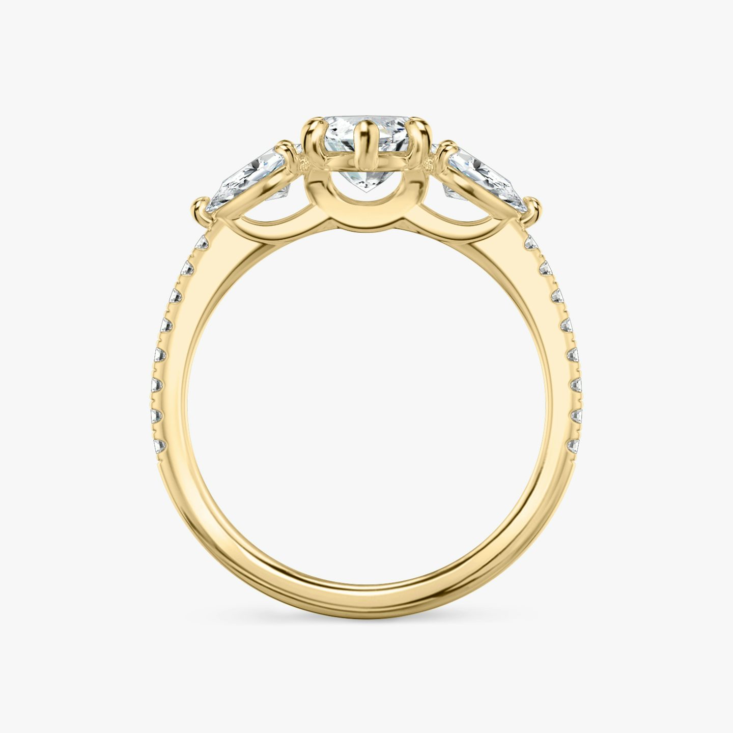 The Three Stone | Pavé Marquise | 18k | 18k Yellow Gold | Band: Pavé | Side stone carat: 1/4 | Side stone shape: Pear | Diamond orientation: vertical | Carat weight: See full inventory
