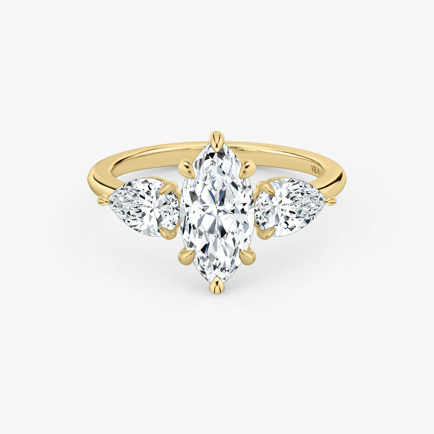 The Three Stone | Pavé Marquise | 18k | 18k Yellow Gold | Band: Plain | Side stone carat: 1/2 | Side stone shape: Pear | Diamond orientation: vertical | Carat weight: See full inventory