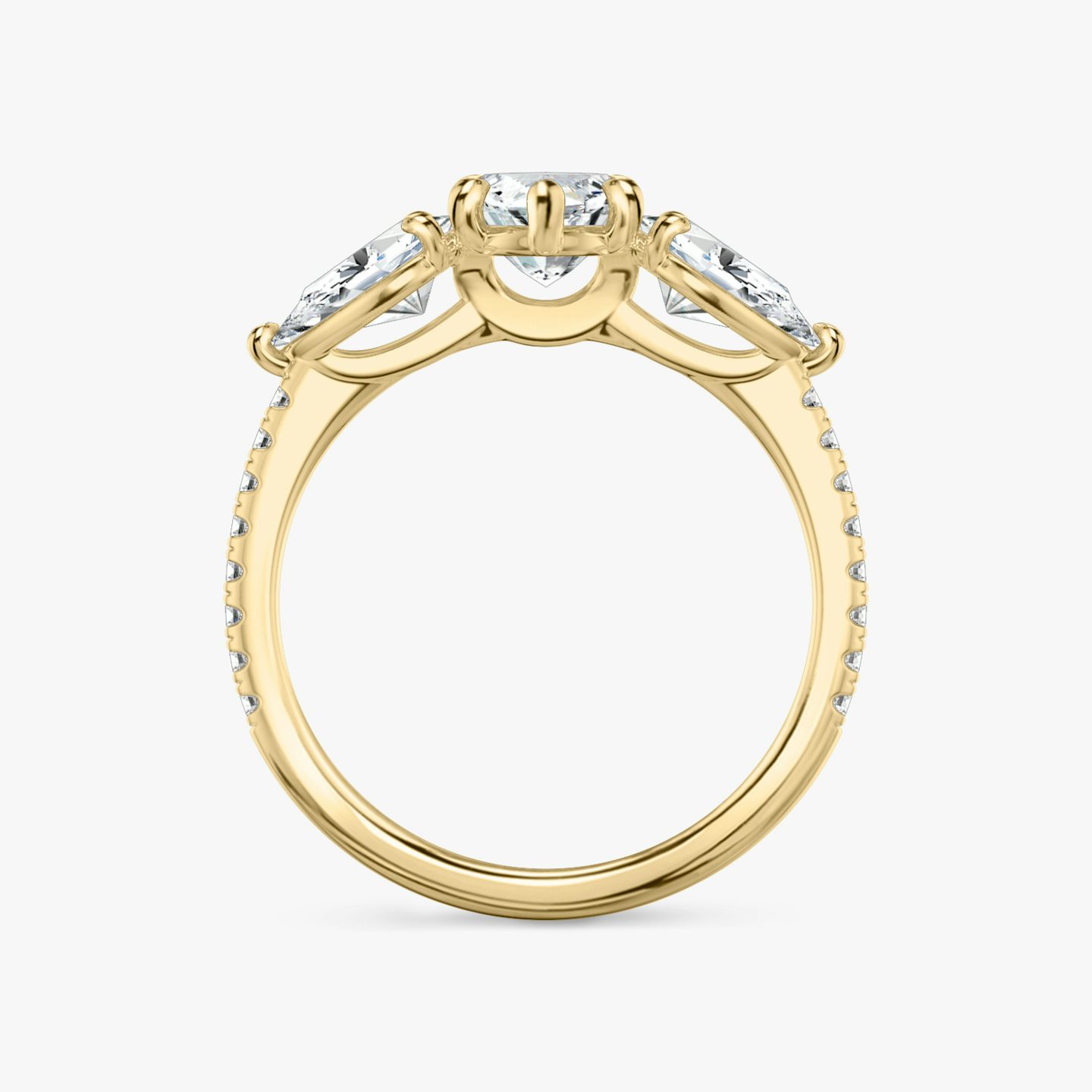 The Three Stone | Pavé Marquise | 18k | 18k Yellow Gold | Band: Pavé | Side stone carat: 1/2 | Side stone shape: Pear | Diamond orientation: vertical | Carat weight: See full inventory