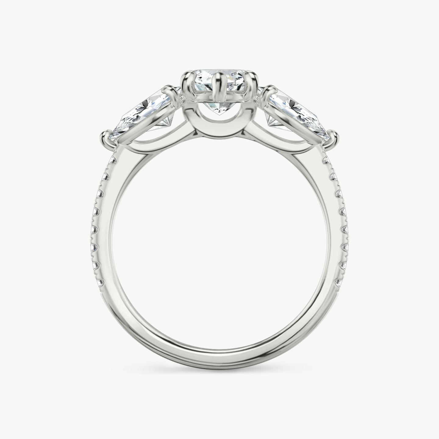 The Three Stone | Pavé Marquise | Platinum | Band: Pavé | Side stone carat: 1/2 | Side stone shape: Pear | Diamond orientation: vertical | Carat weight: See full inventory