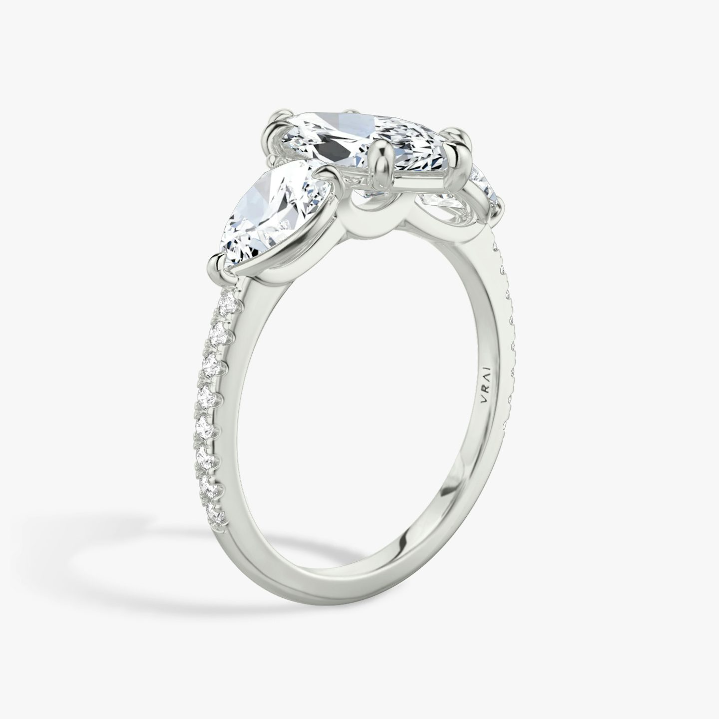 The Three Stone | Pavé Marquise | 18k | 18k White Gold | Band: Pavé | Side stone carat: 1/2 | Side stone shape: Pear | Diamond orientation: vertical | Carat weight: See full inventory