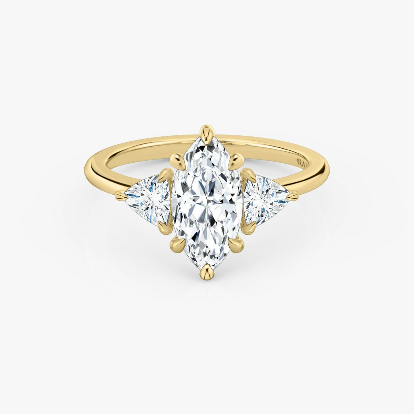 The Three Stone | Pavé Marquise | 18k | 18k Yellow Gold | Band: Plain | Side stone carat: 1/4 | Side stone shape: Trillion | Diamond orientation: vertical | Carat weight: See full inventory