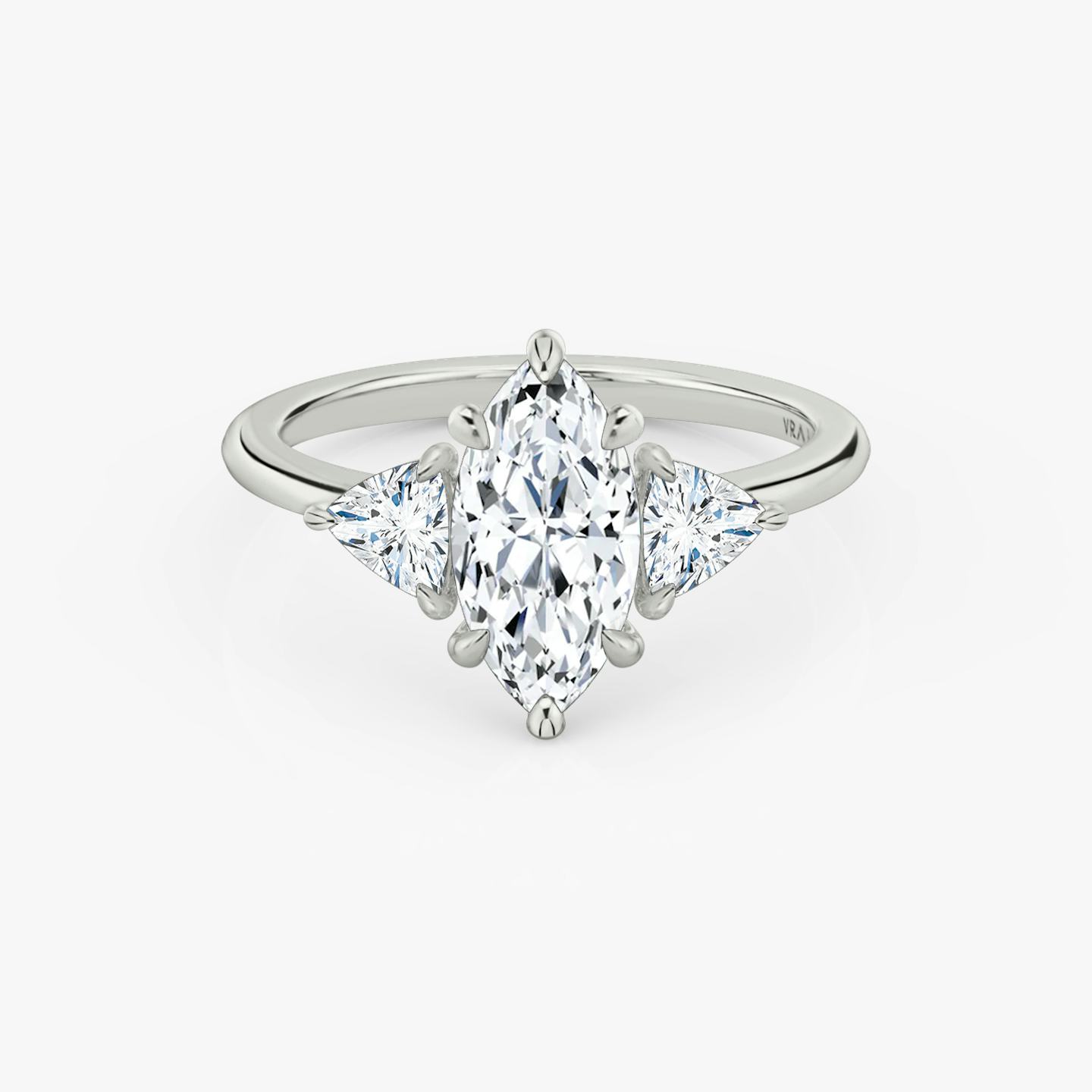 The Three Stone | Pavé Marquise | 18k | 18k White Gold | Band: Plain | Side stone carat: 1/4 | Side stone shape: Trillion | Diamond orientation: vertical | Carat weight: See full inventory